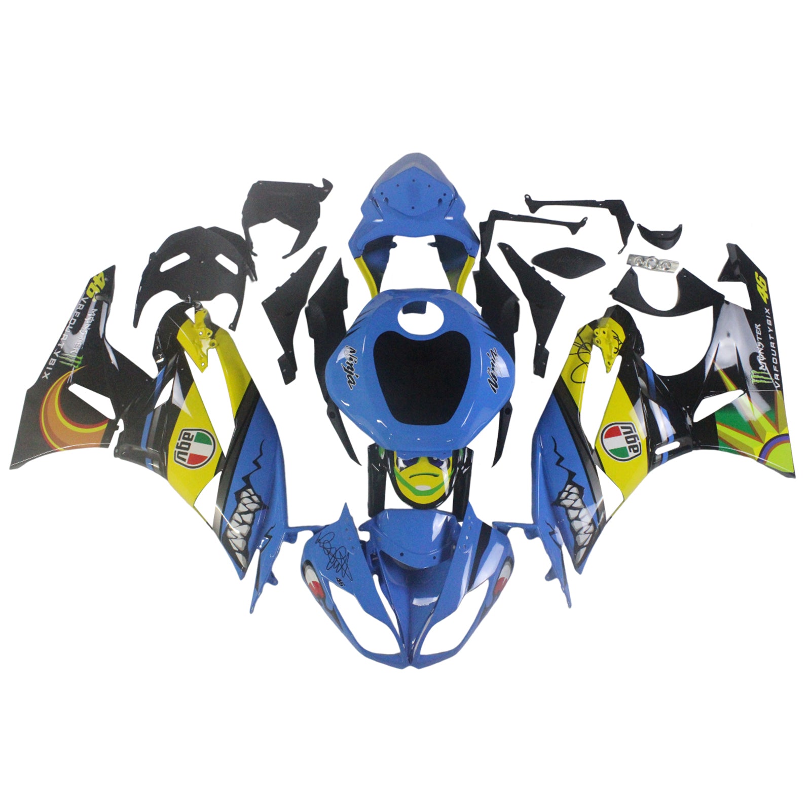 Amotopart Kawasaki 2009-2012 ZX6R 636 Kit de carenado Monster azul y amarillo