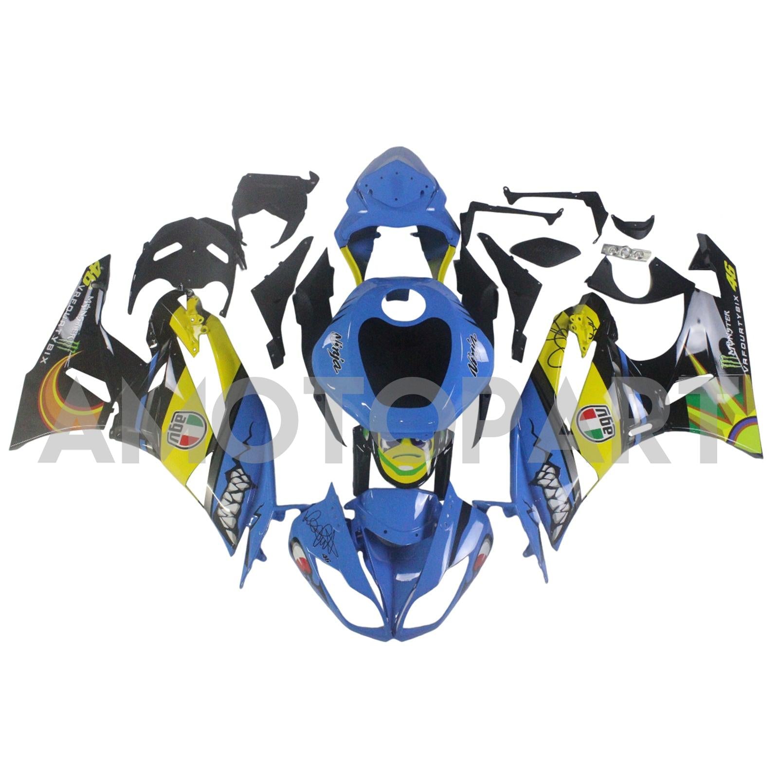 Amotopart Kawasaki 2009-2012 ZX6R 636 Blue&Yellow Monster Fairing Kit