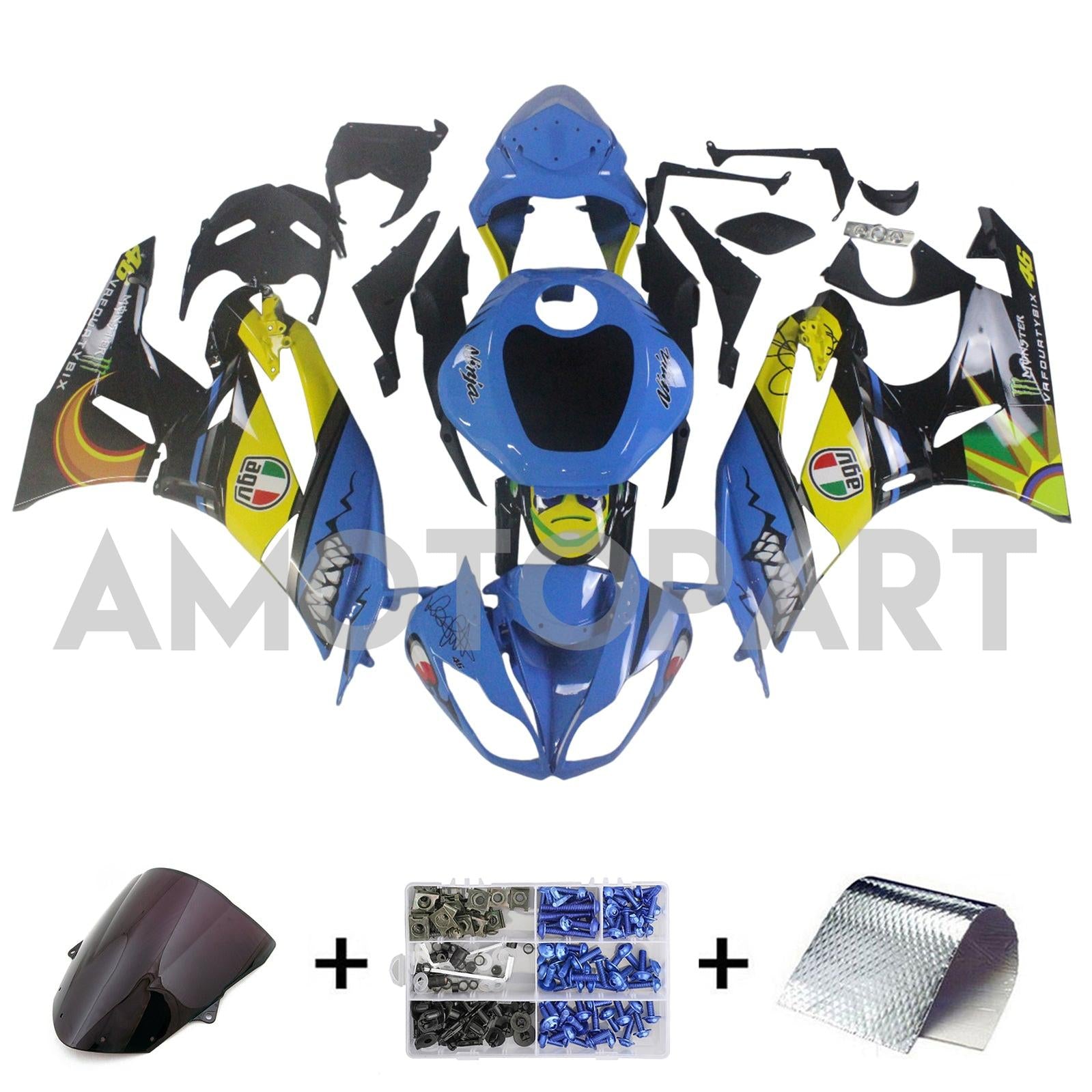 Amotopart Kawasaki 2009-2012 ZX6R 636 Blue&Yellow Monster Fairing Kit