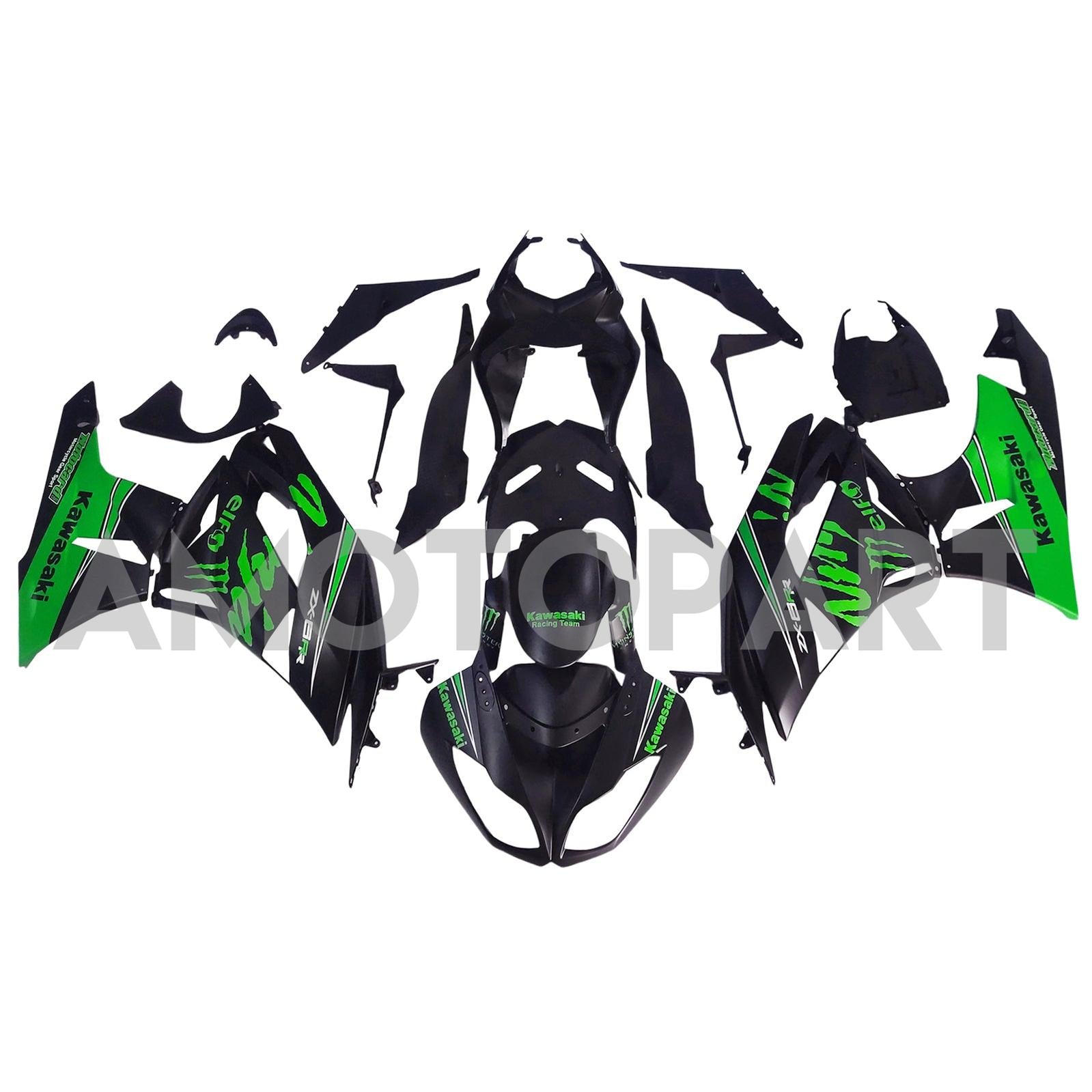 Amotopart Kawasaki 2009–2012 ZX6R 636 Grün&Schwarzes Style1-Verkleidungskit