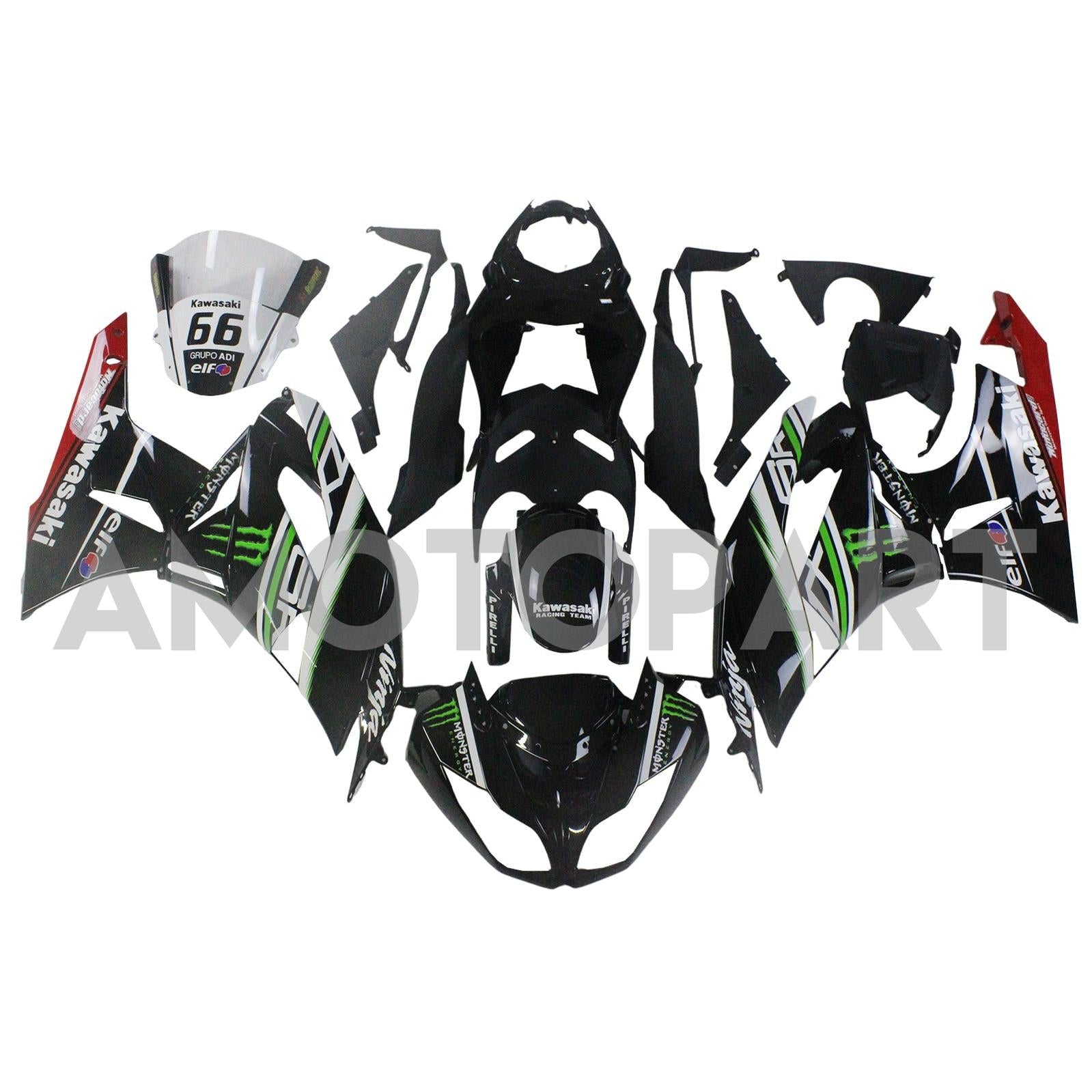 Amotopart Kawasaki 2009-2012 ZX6R 636 Schwarz mit grünem Logoverkaufskit
