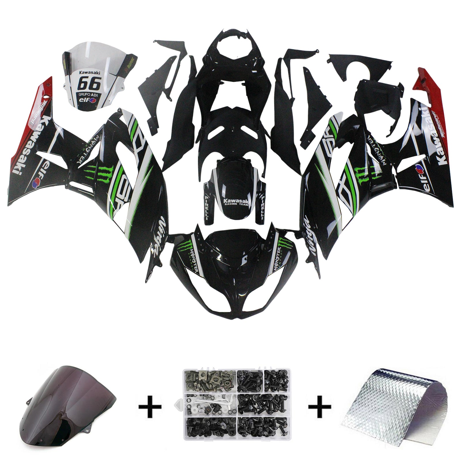 Amotopart Kawasaki 2009-2012 ZX6R 636 Kit de carenado negro con logo verde