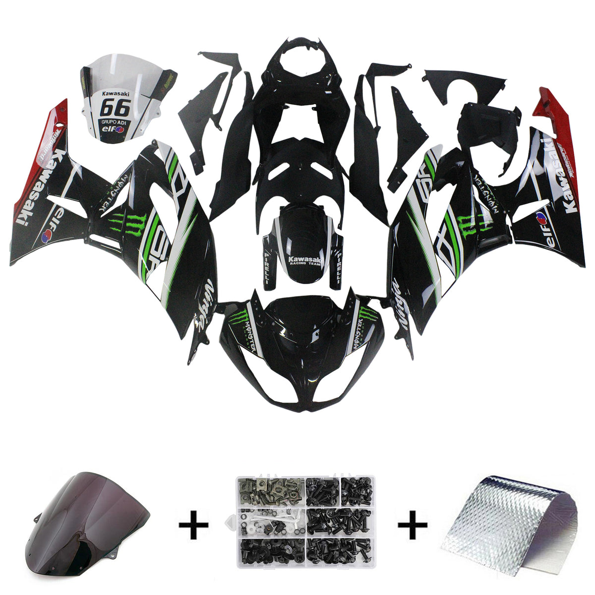 Amotopart Kawasaki 2009-2012 ZX6R 636 Kit de carénage noir avec logo vert