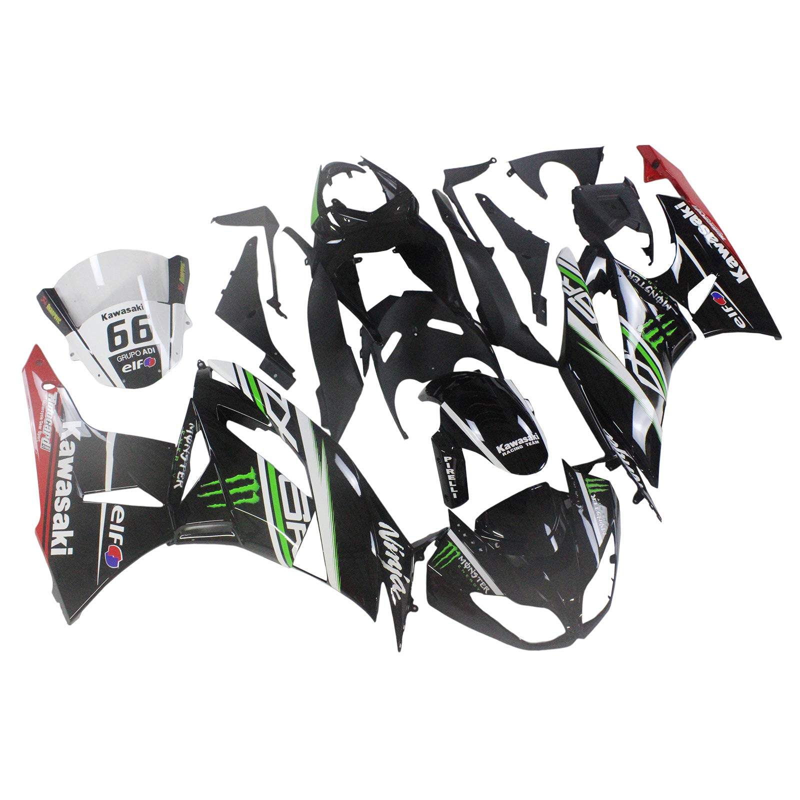 Amotopart Kawasaki 2009-2012 ZX6R 636 Black with Green Logo Fairing Kit