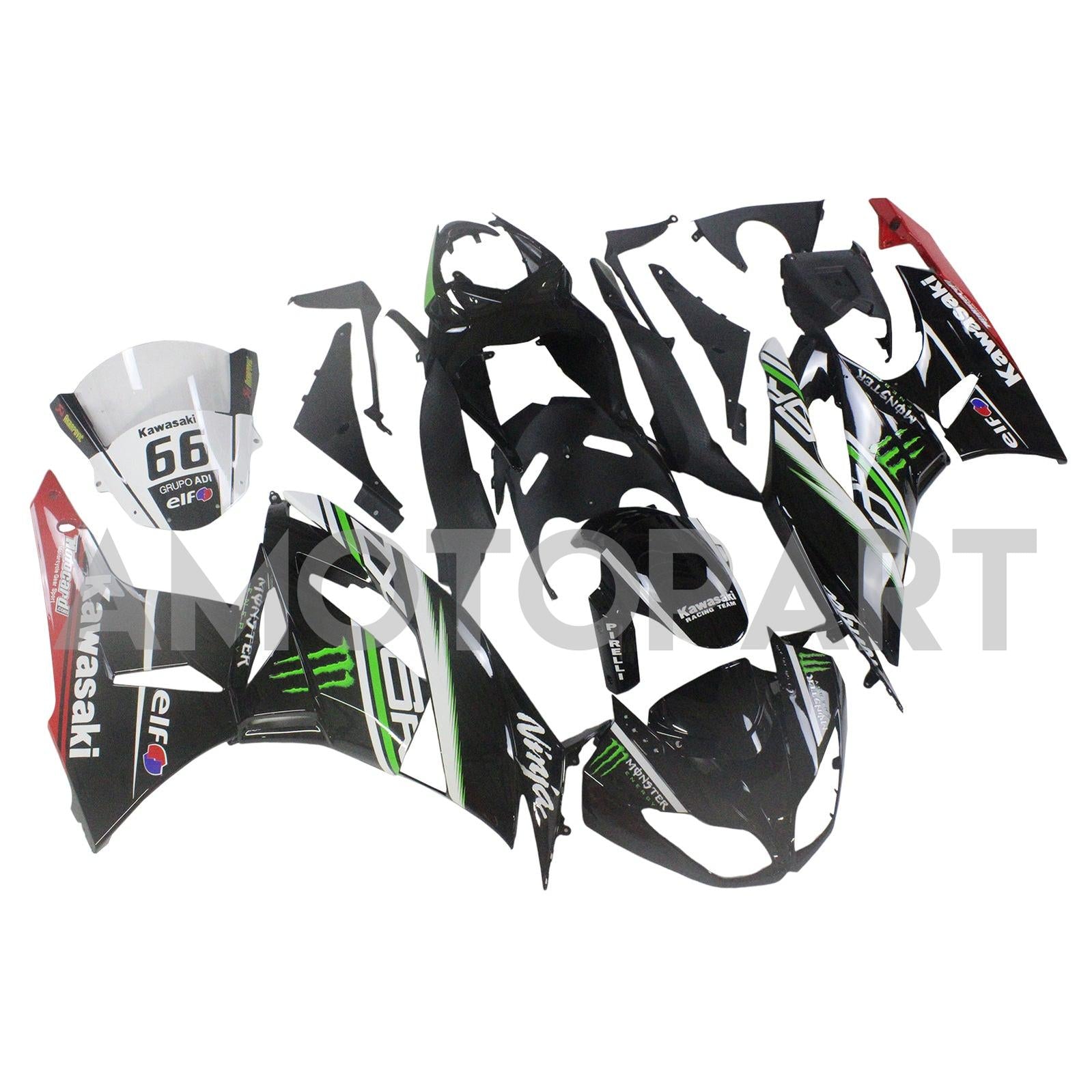 Amotopart Kawasaki 2009-2012 ZX6R 636 Black with Green Logo Fairing Kit