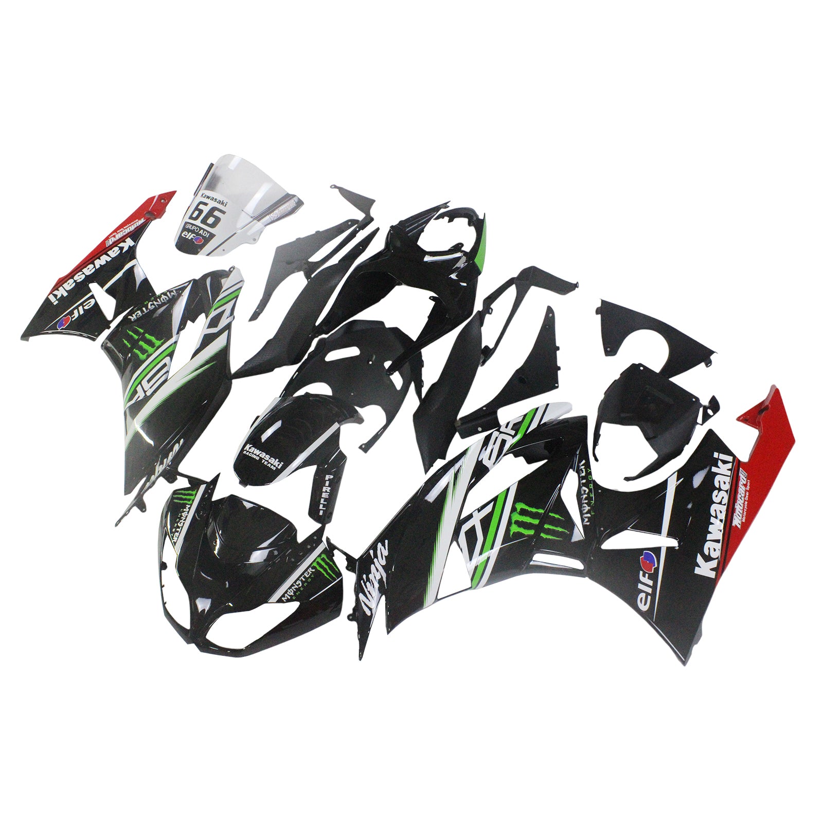 Amotopart Kawasaki 2009-2012 ZX6R 636 Kit de carénage noir avec logo vert