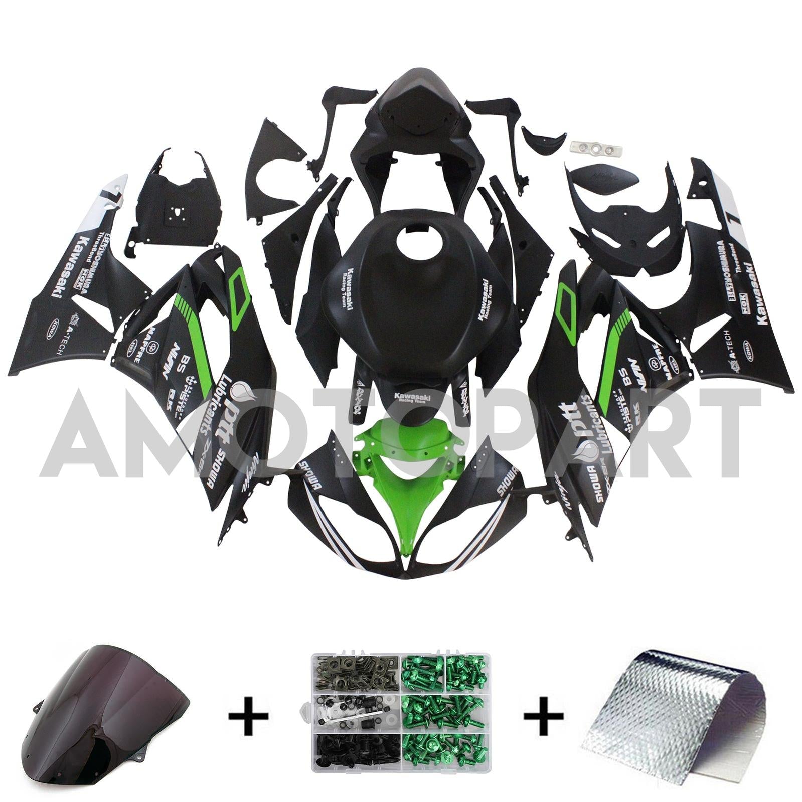 Amotopart Kawasaki 2009-2012 ZX6R 636 Green & Black Style2 Failing Kit