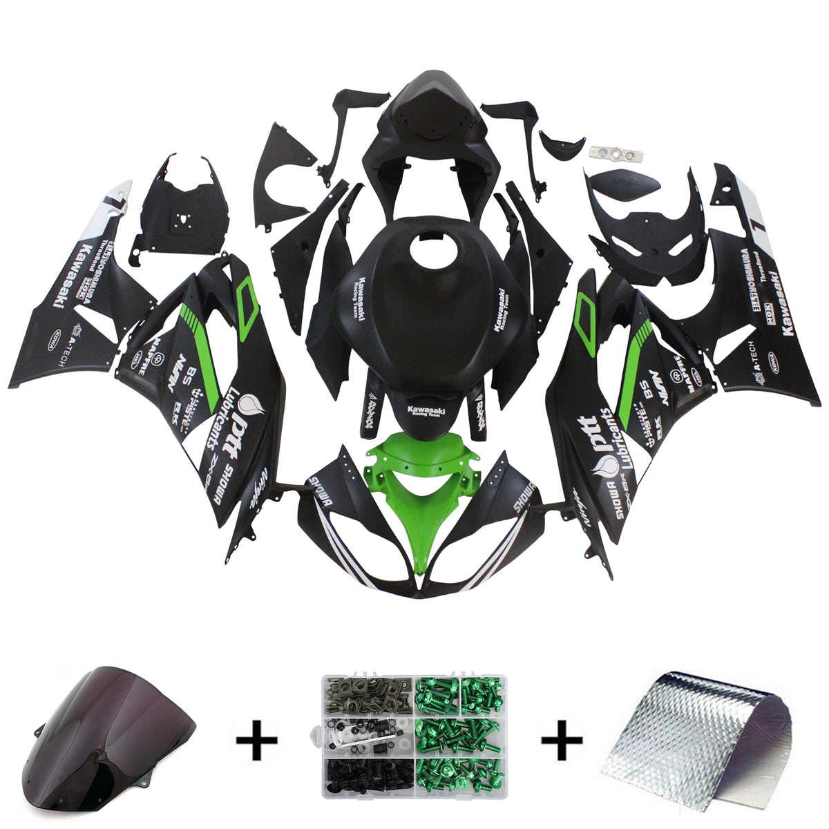 Amotopart Kit de carénage Kawasaki 2009-2012 ZX6R 636 vert et noir Style2