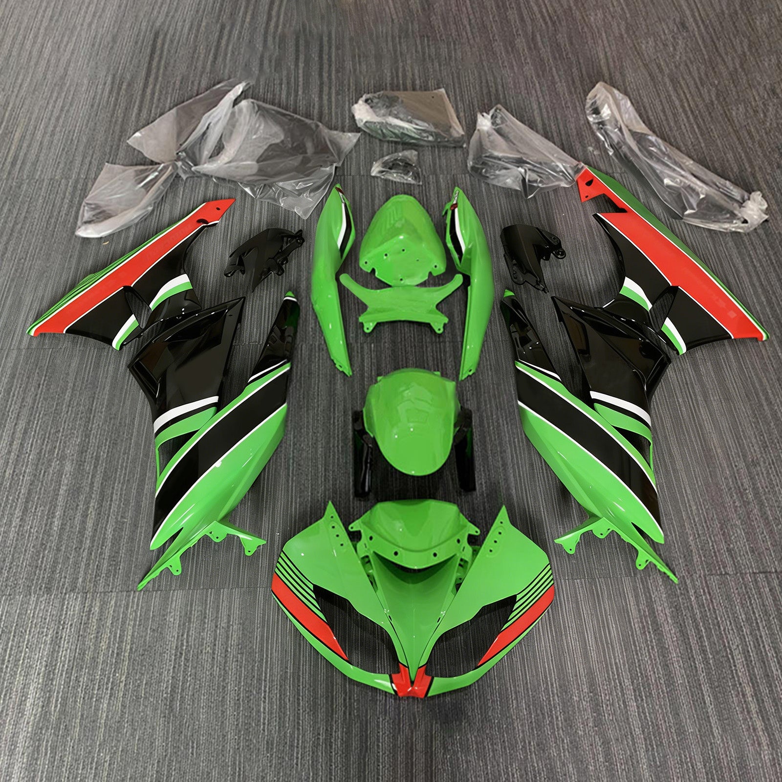 Amotopart Kawasaki 2009-2012 ZX6R 636 Vert&Kit de carénage noir Style4