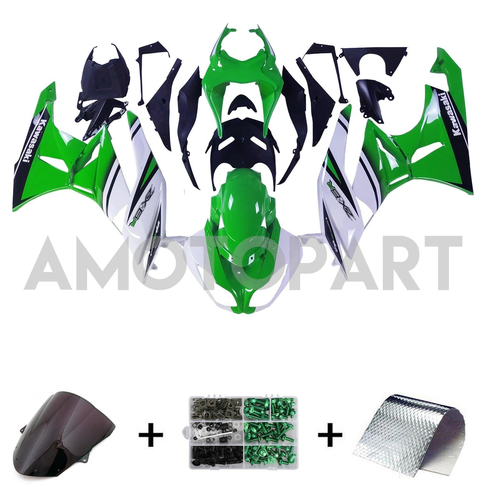 Amotopart Kawasaki 2009-2012 ZX6R 636 Vert&Kit de carénage blanc Style2