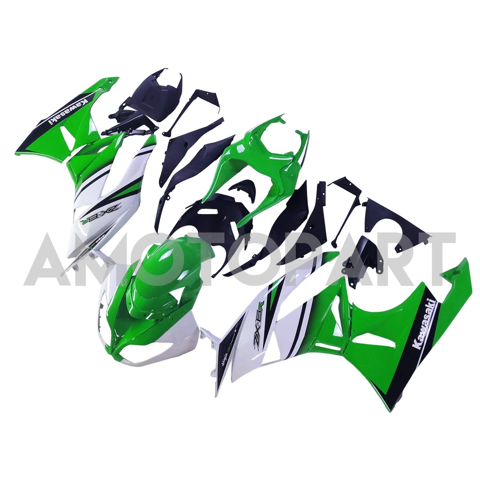 Amotopart Kawasaki 2009-2012 ZX6R 636 Vert&Kit de carénage blanc Style2