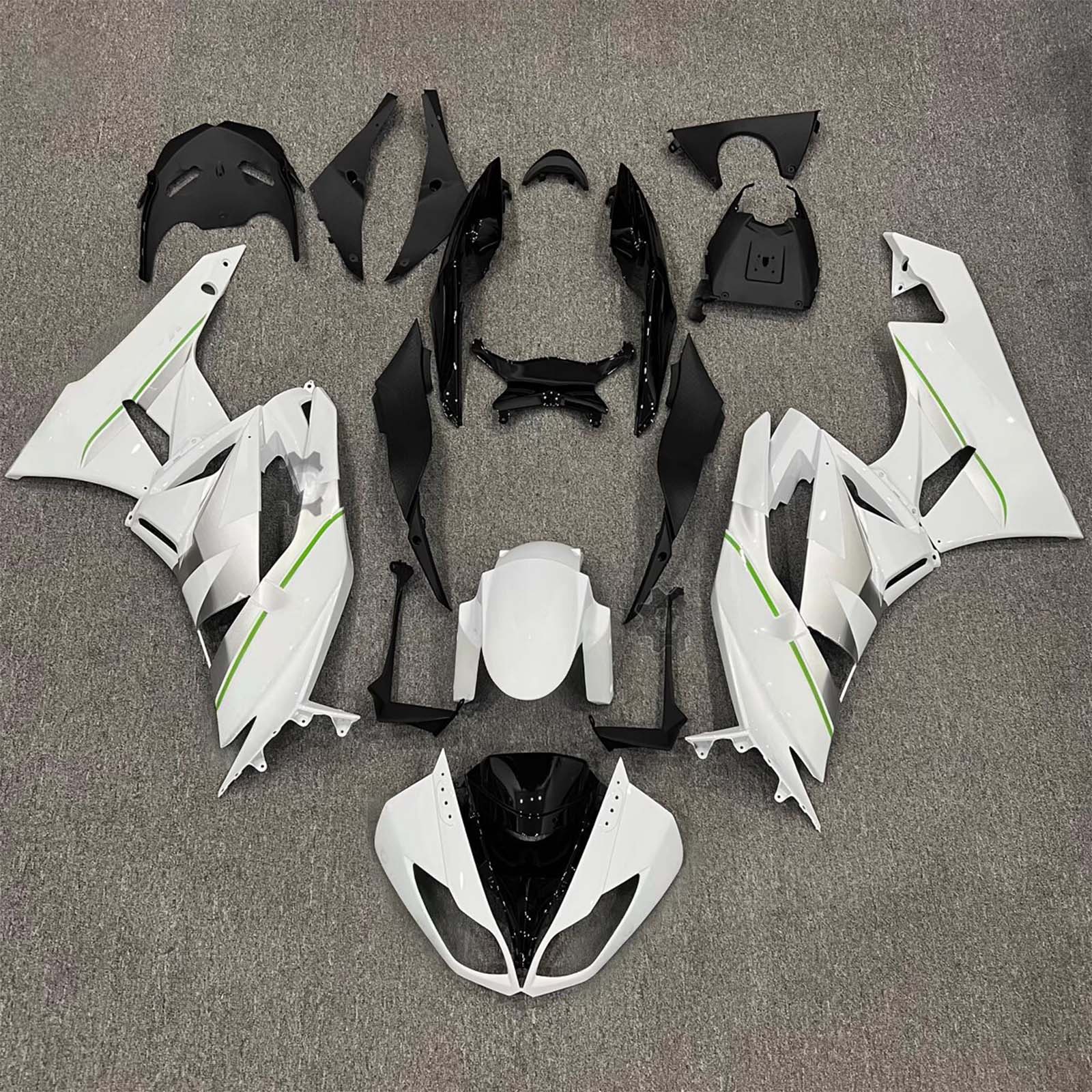 Amotopart 2009-2012 Kawasaki ZX6R 636 White Fairing Kit With Green Lines