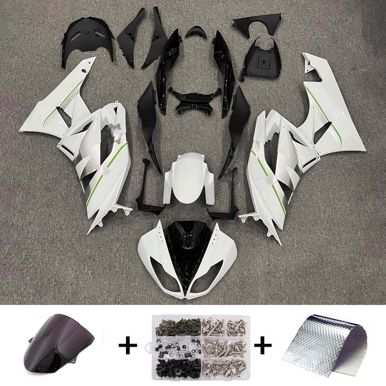 Amotopart 2009-2012 Kawasaki ZX6R 636 White Fairing Kit With Green Lines