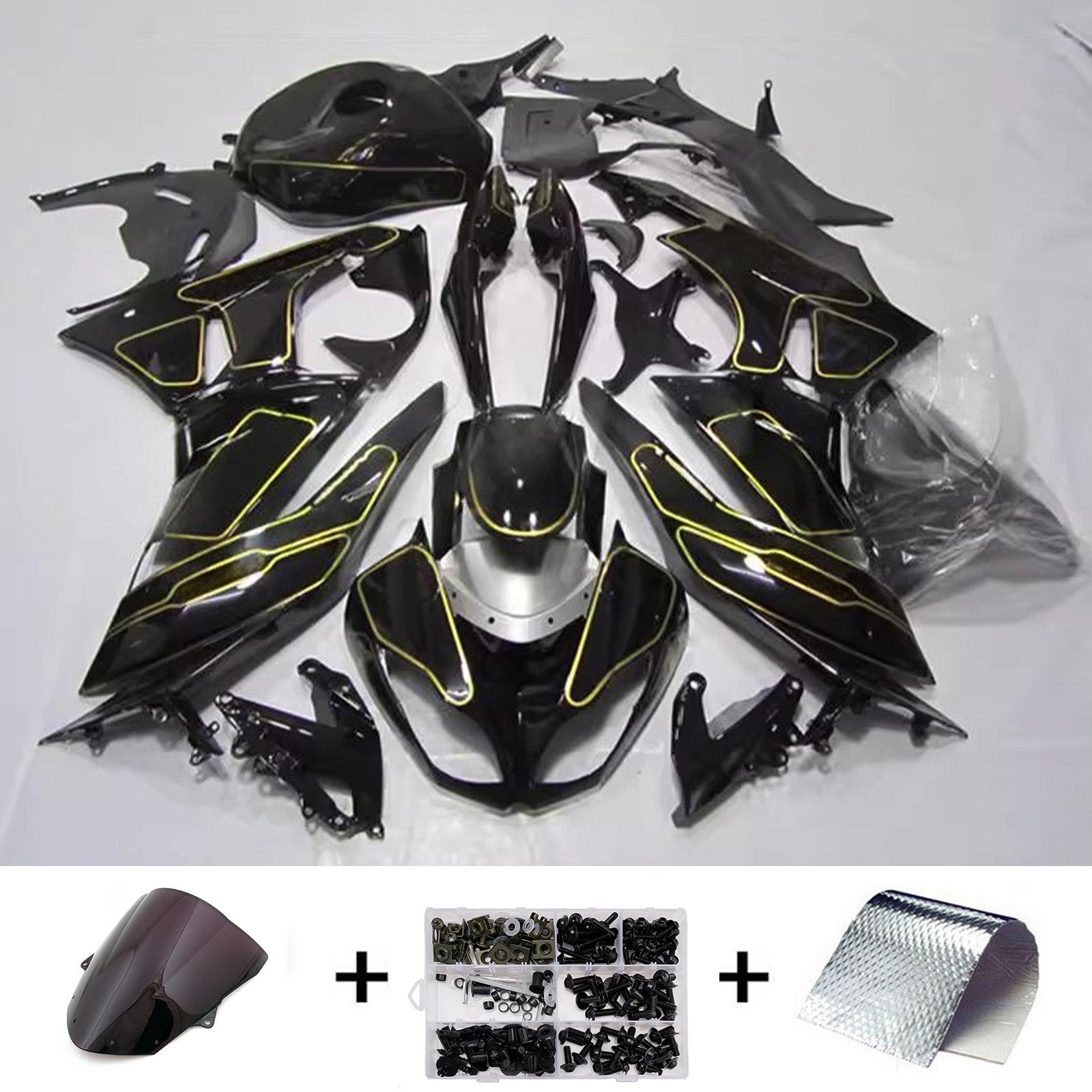 Amotopart 2009-2012 Kawasaki ZX6R 636 Black Gold Fairing Kit