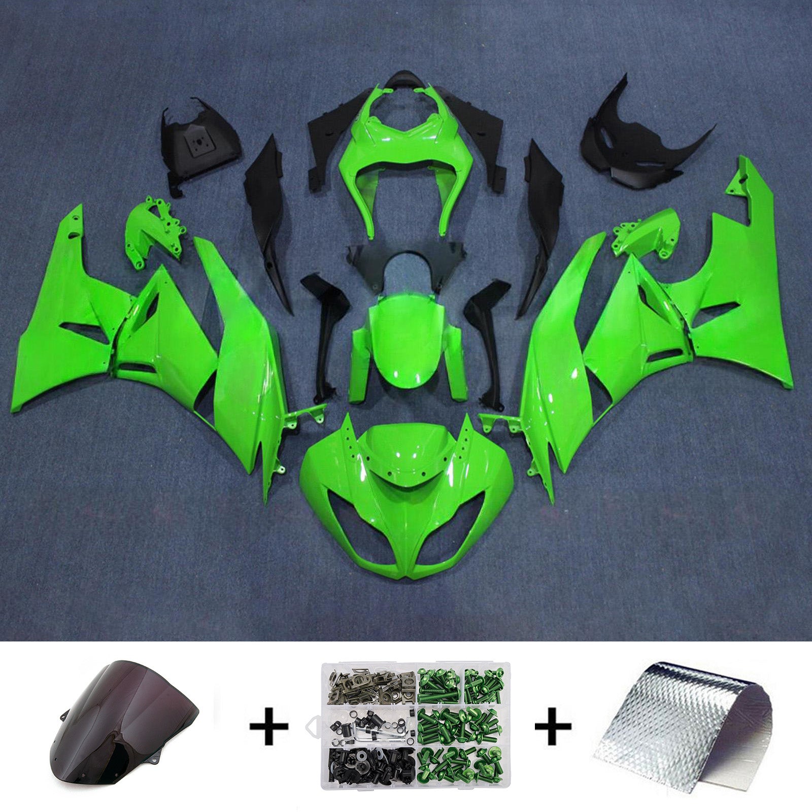Amotopart 2009-2012 Kawasaki ZX6R 636 Black Green Fairing Kit
