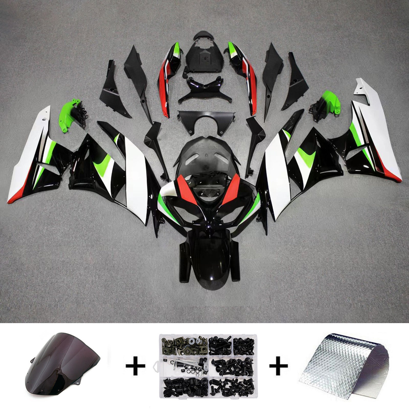 Amotopart 2009-2012 Kawasaki ZX6R 636 Black White Red Green Fairing Kit