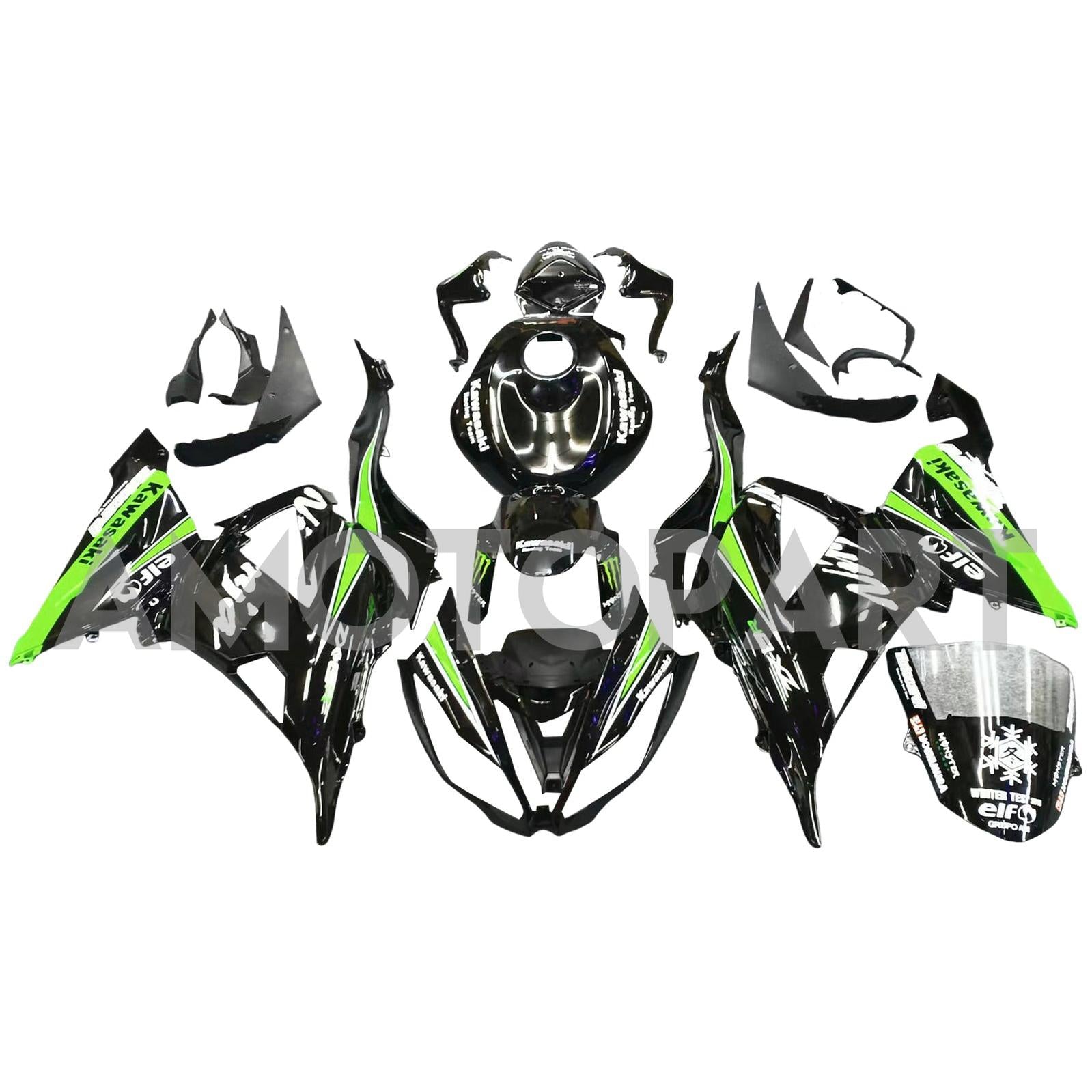 Amotopart Kawasaki ZX6R 636 2013-2018 Grün&Schwarzes Style3-Verkleidungskit
