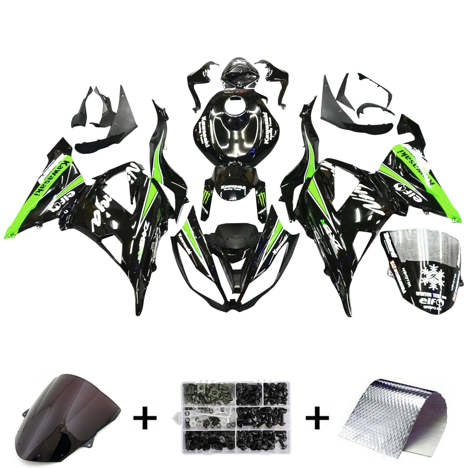 Amotopart Kawasaki ZX6R 636 2013-2018 Kit de carénage vert et noir Style3