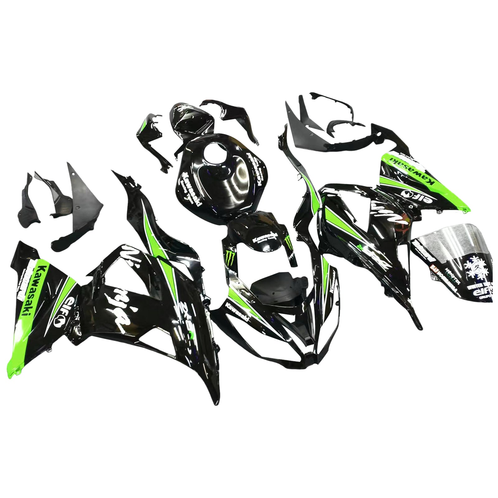 Amotopart Kawasaki ZX6R 636 2013–2018 Grün und Schwarz Style3 Verkleidungsset