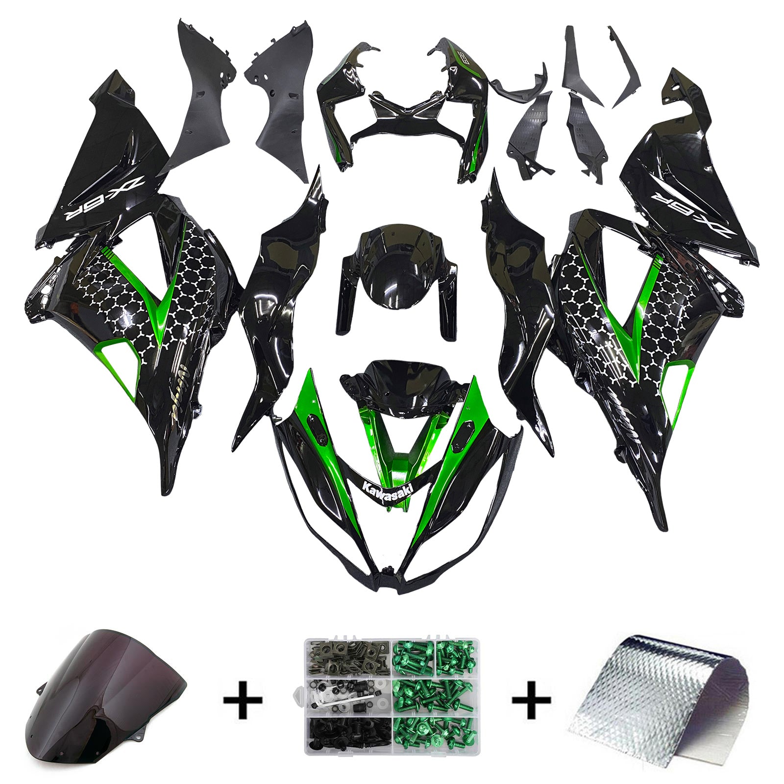 Amotopart Kawasaki ZX6R 636 2013-2018 Kit de carénage Style4 vert et noir