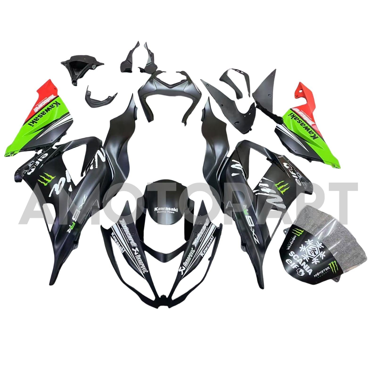 Amotopart Kawasaki ZX6R 636 2013-2018 Grün&Schwarzes Style6-Verkleidungskit