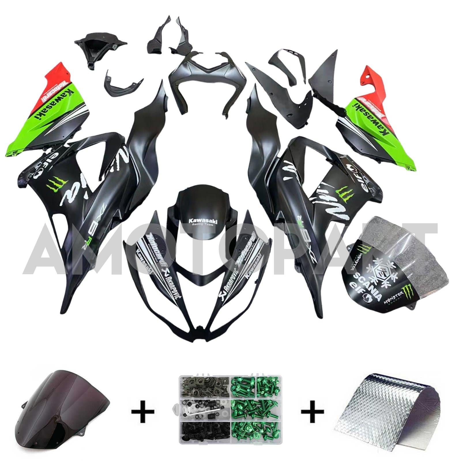 Amotopart Kawasaki ZX6R 636 2013-2018 Grün&Schwarzes Style6-Verkleidungskit