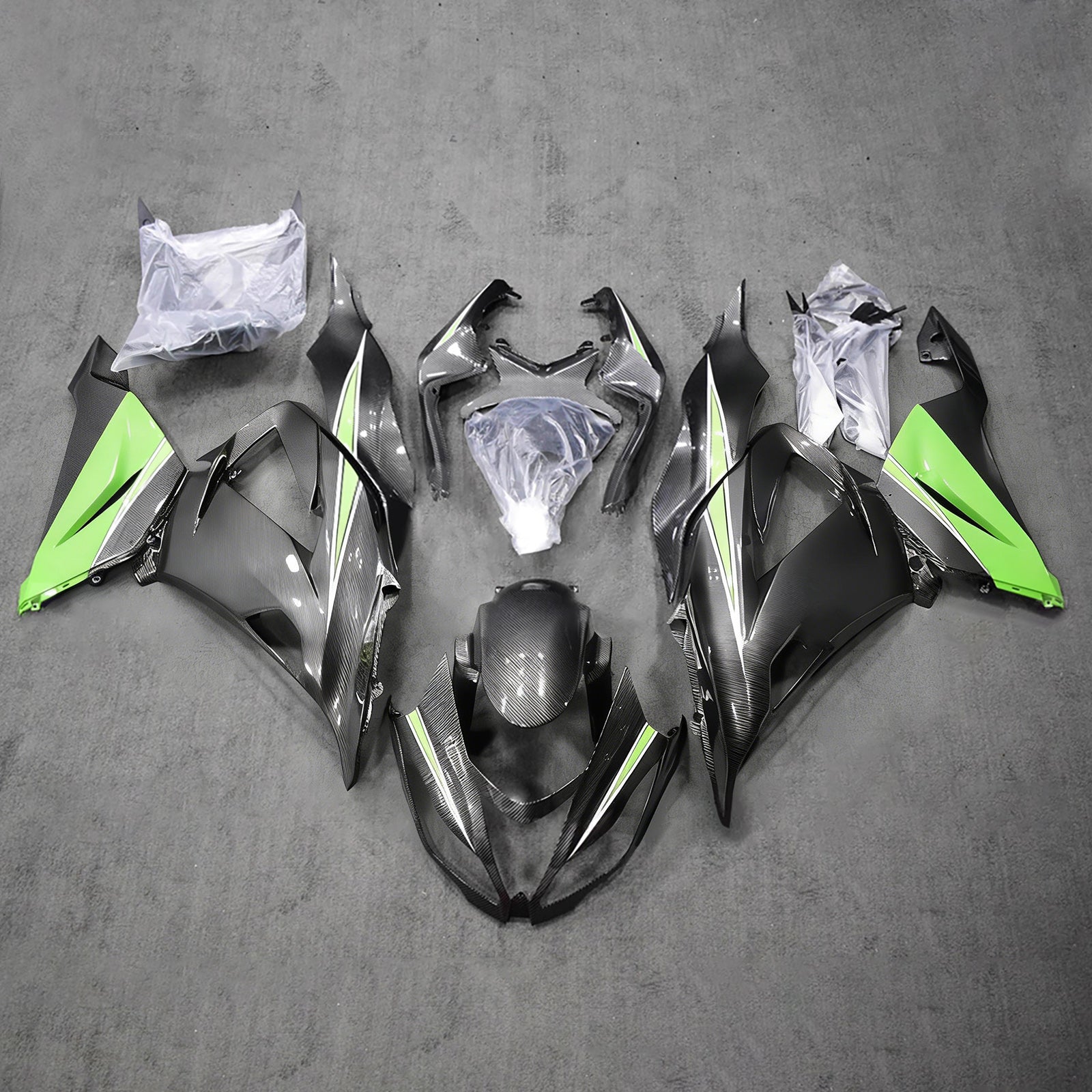 Amotopart 2013-2018 Kawasaki ZX6R 636 Green Black Carbon Fiber Pattern Fairing Kit