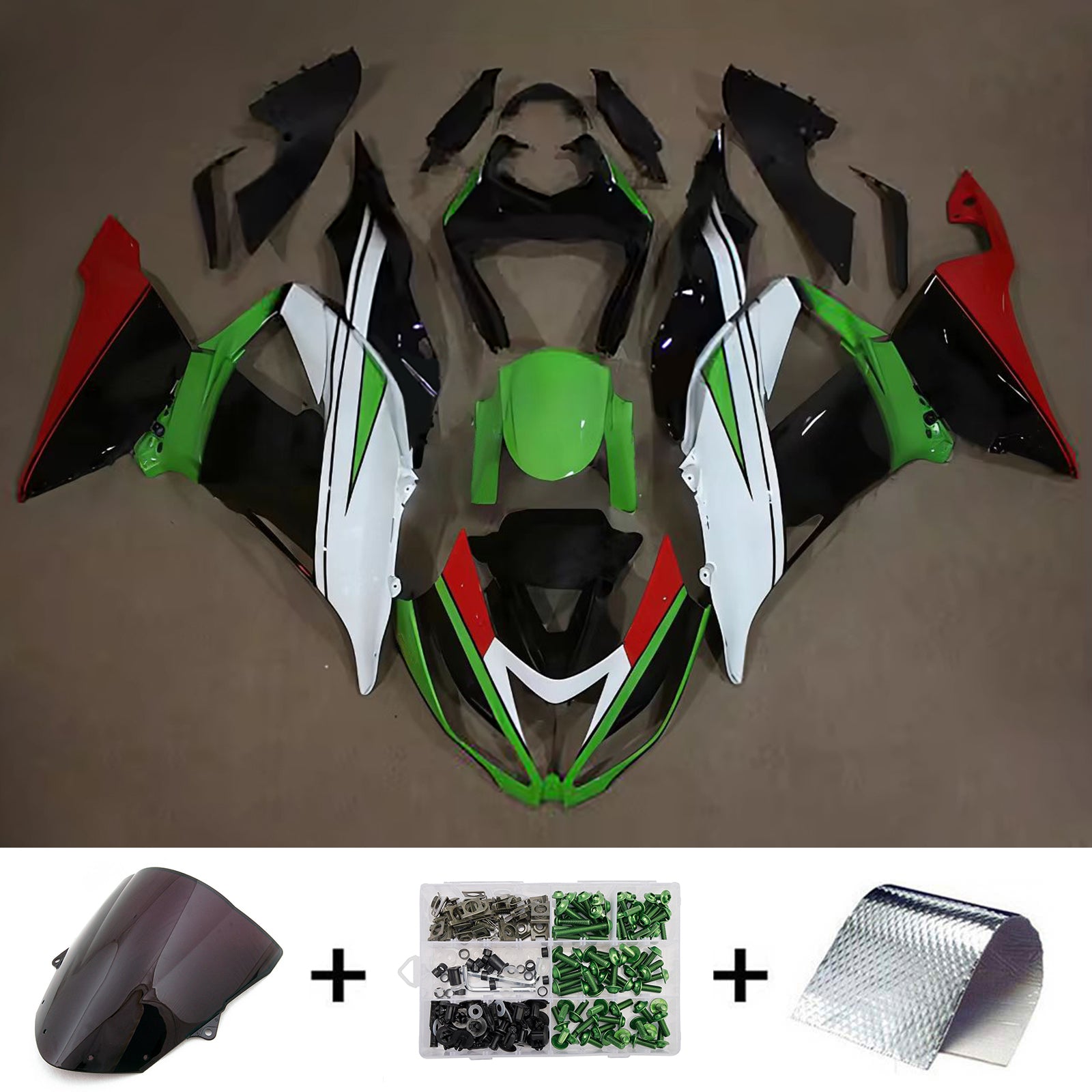 Amotopart 2013-2018 Kawasaki ZX6R 636 Black White Green Red Fairing Kit