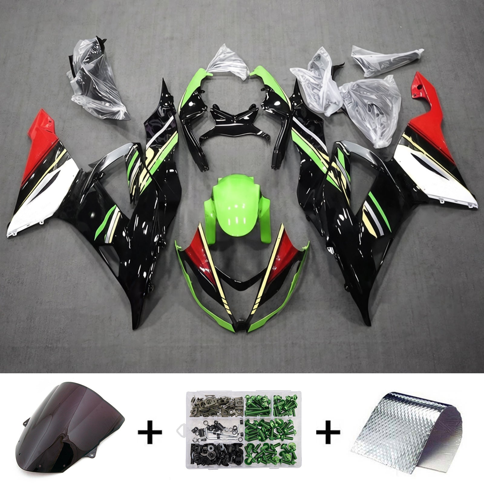 Amotopart 2013-2018 Kawasaki ZX6R 636 Black & Green White Red Fairing Kit
