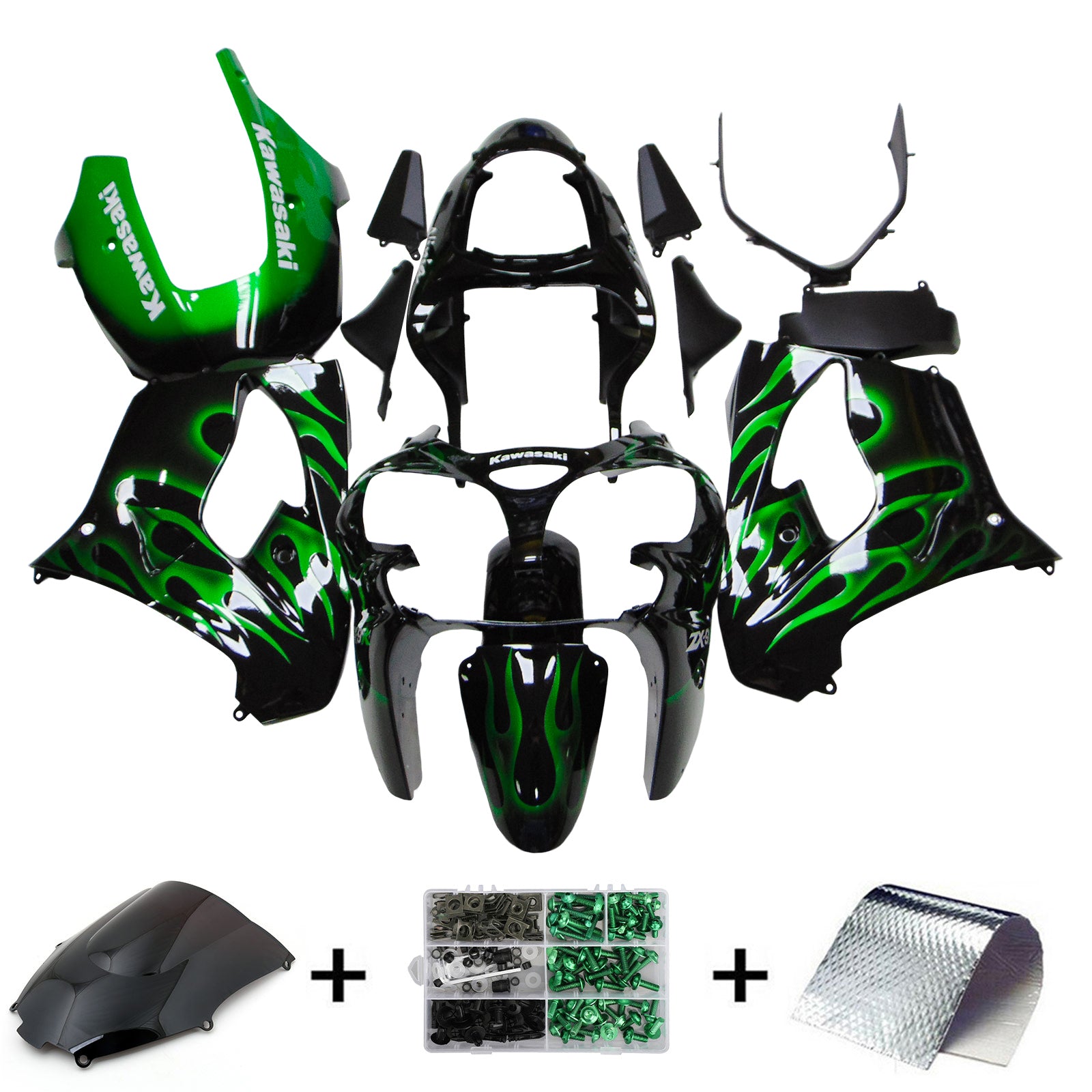 Kit carena Amotopart Kawasaki ZX9R 2000-2001 Nero Verde