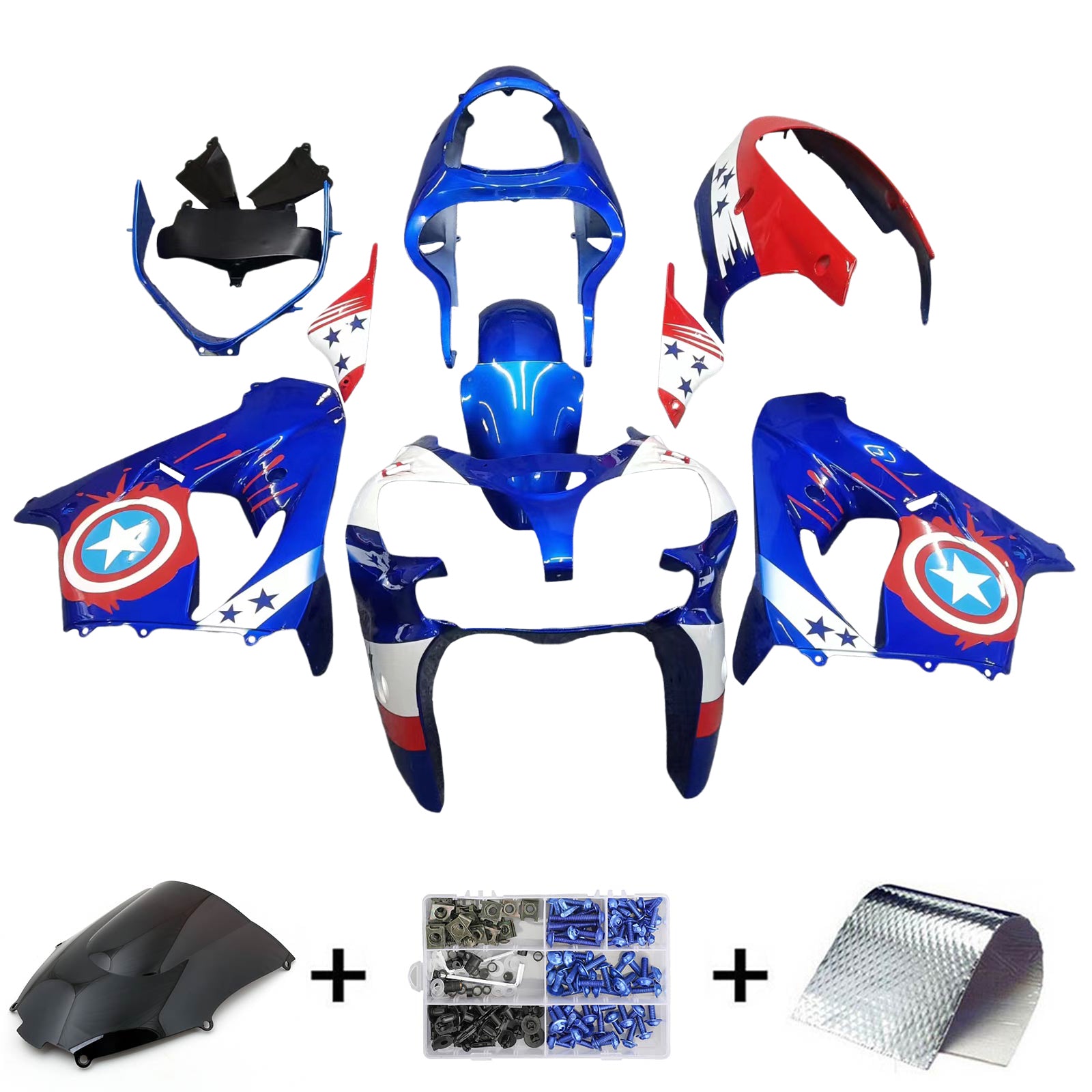 Kit de carénage Amotopart Kawasaki ZX9R 2000-2001 bleu rouge