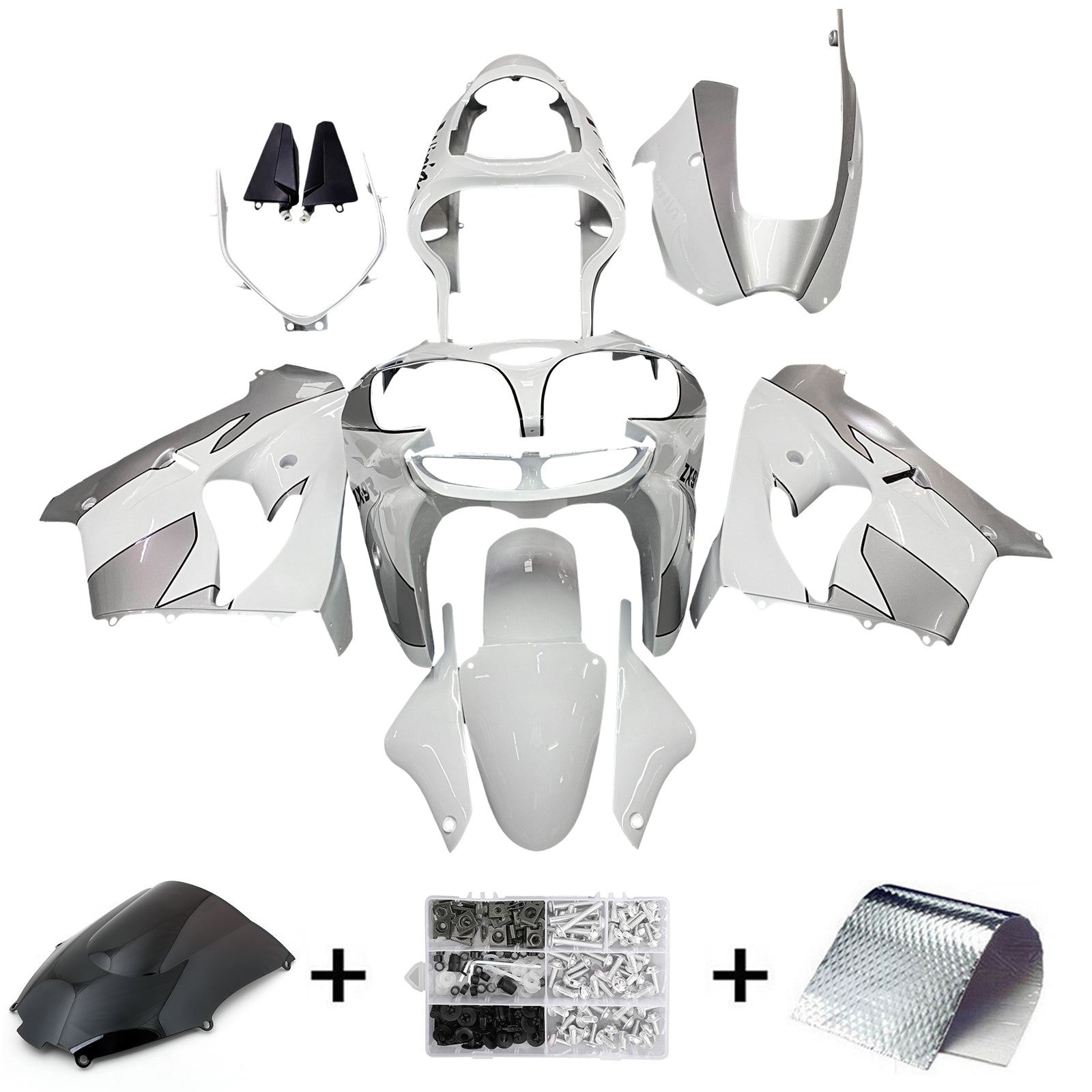 Amotopart Kawasaki ZX9R 2000-2001 Kit de carenado blanco plateado