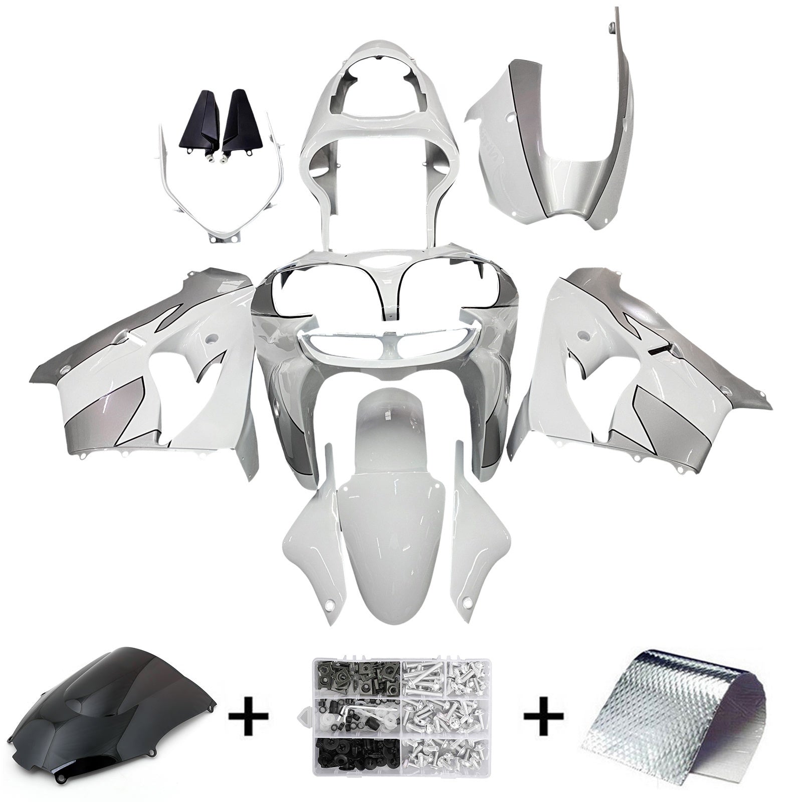 Amotopart Kawasaki ZX9R 2000-2001 Silver White Fairing Kit