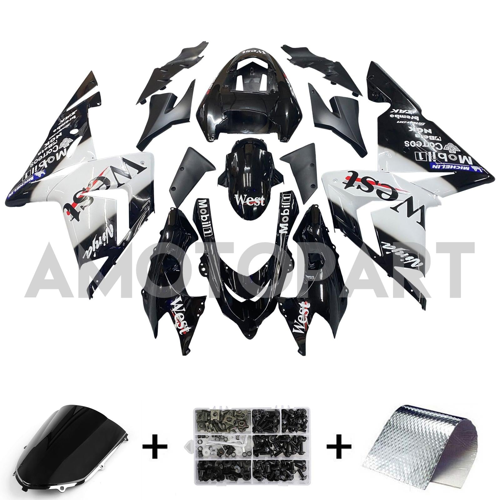 Amotopart 2004-2005 Kawasaki ZX10R ホワイト&ブラック ロゴフェアリングキット付き