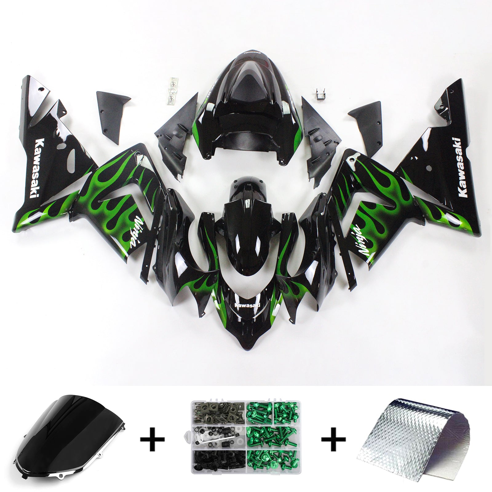 Amotopart Kawasaki 2004-2005 ZX10R negro con kit de carenado de línea verde