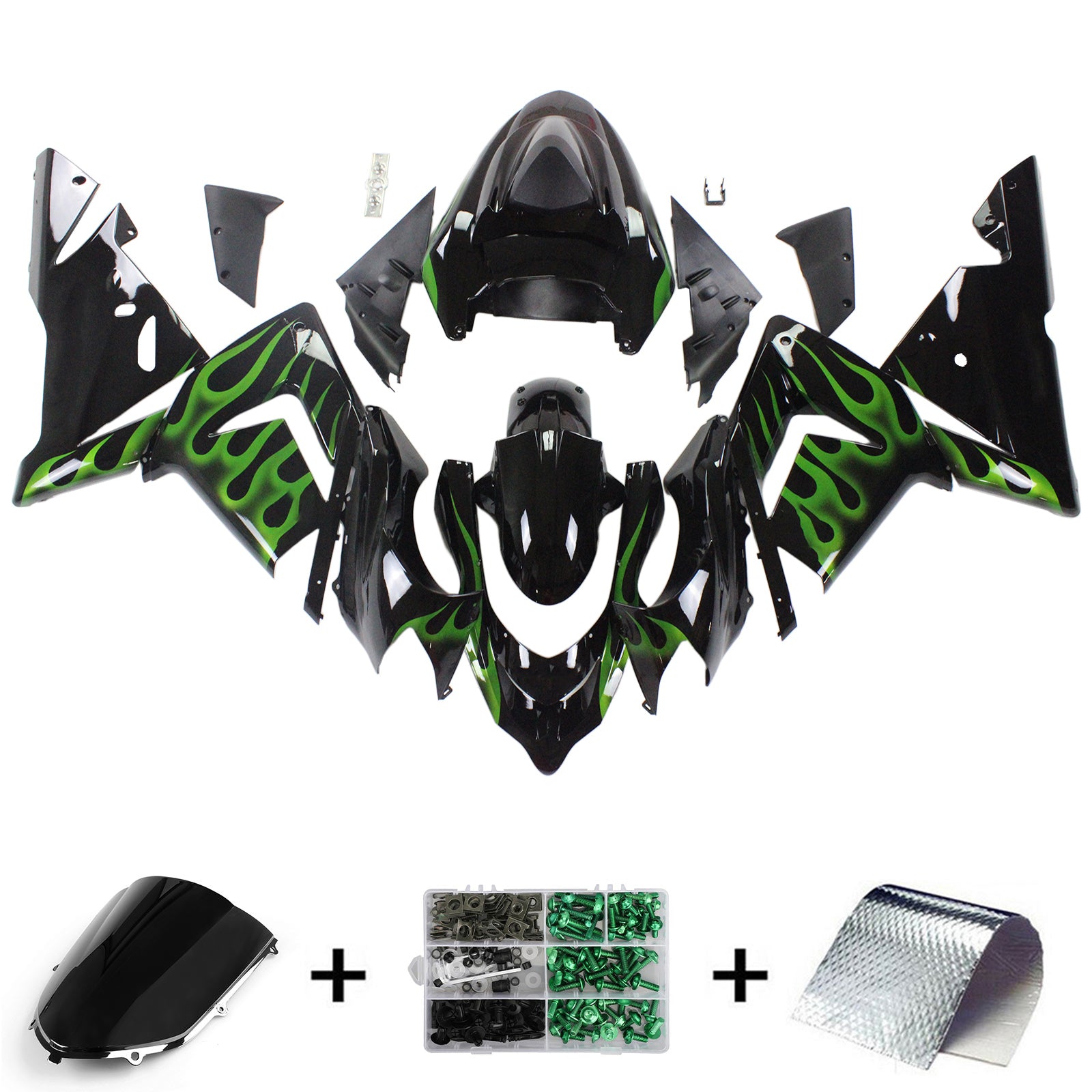 Amotopart Kawasaki 2004-2005 ZX10R Black With Green Line Fairing Kit