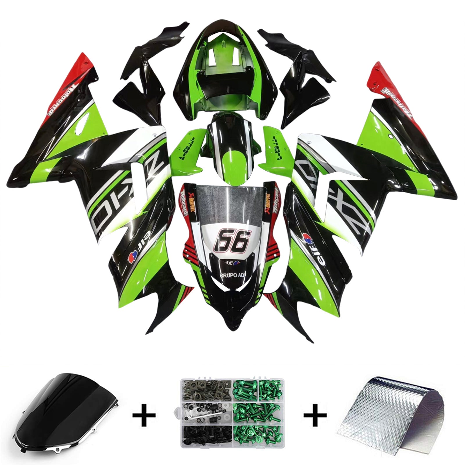 Amotopart Kawasaki 2004-2005 ZX10R White Black Green Fairing Kit