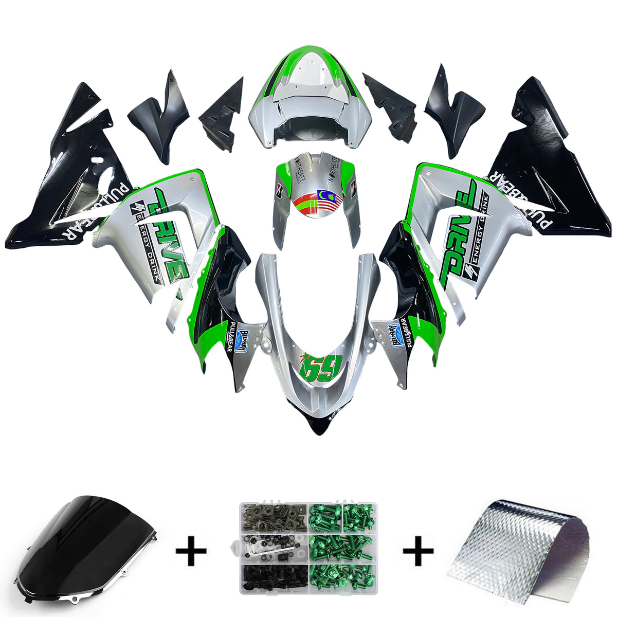 Amotopart 2004-2005 ZX10R Kawasaki Kit carena verde e argento