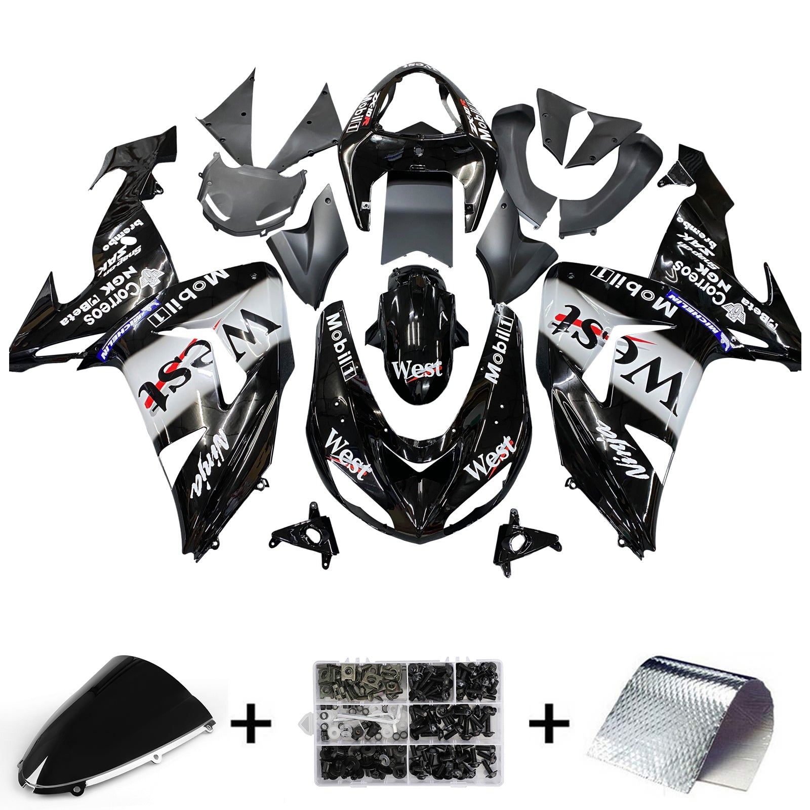 Kit de carénage Amotopart Kawasaki ZX10R 2006-2007 logos noir et blanc