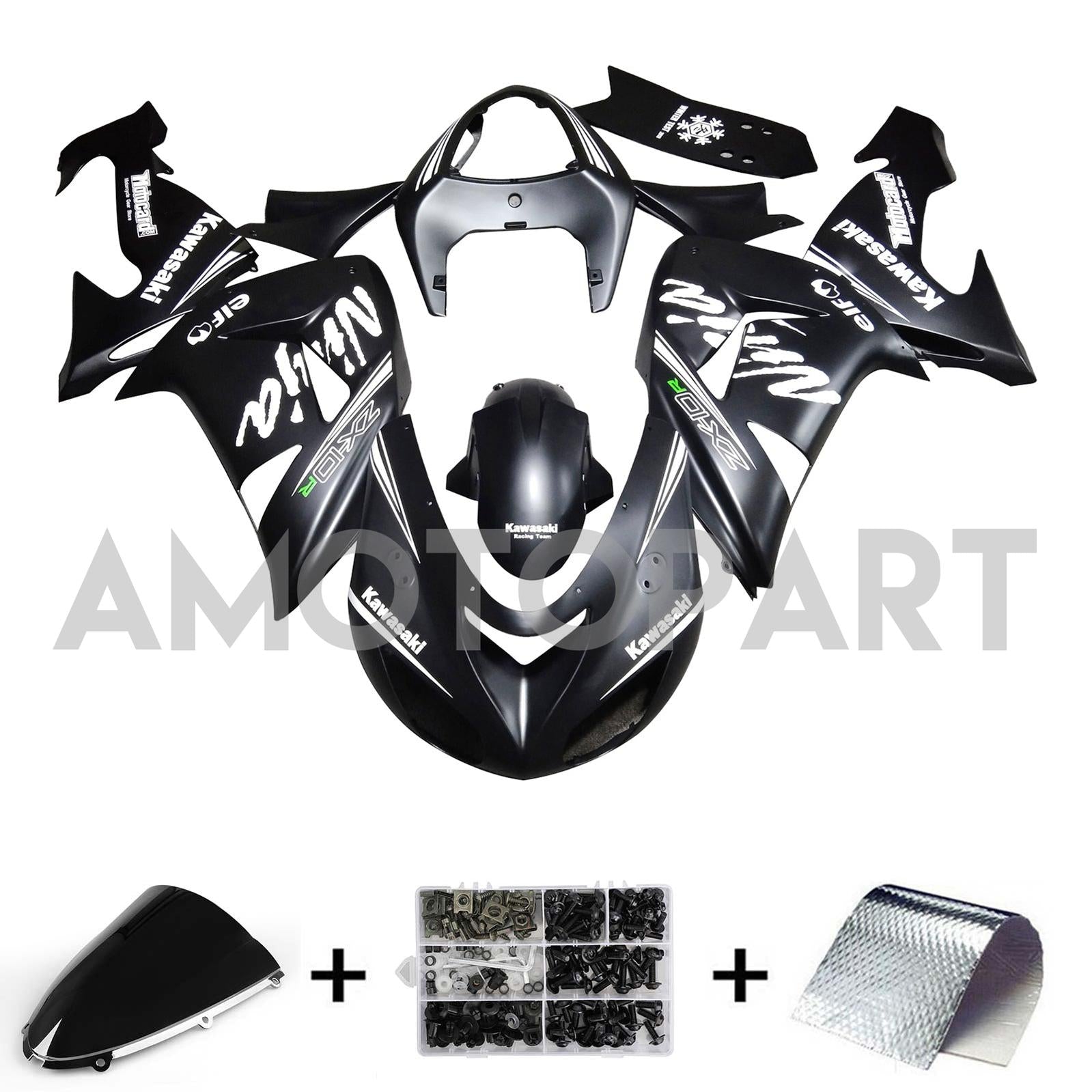 Amotopart Kawasaki ZX10R 2006-2007 Black With White Logo Fairing Kit