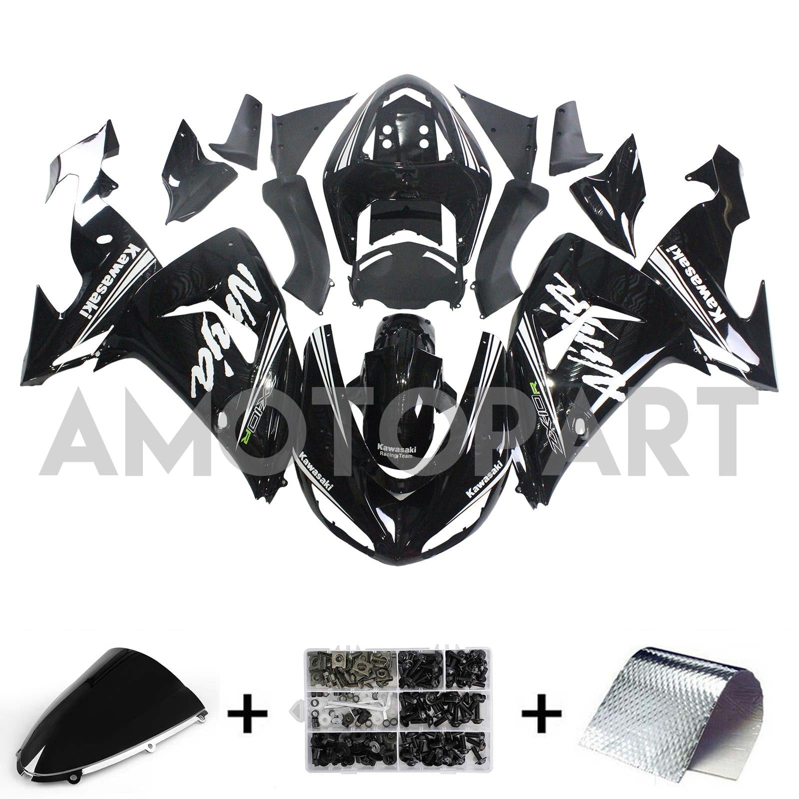 Amotopart Kawasaki ZX10R 2006-2007 Glossy Black with Ninja Logo Fairing Kit