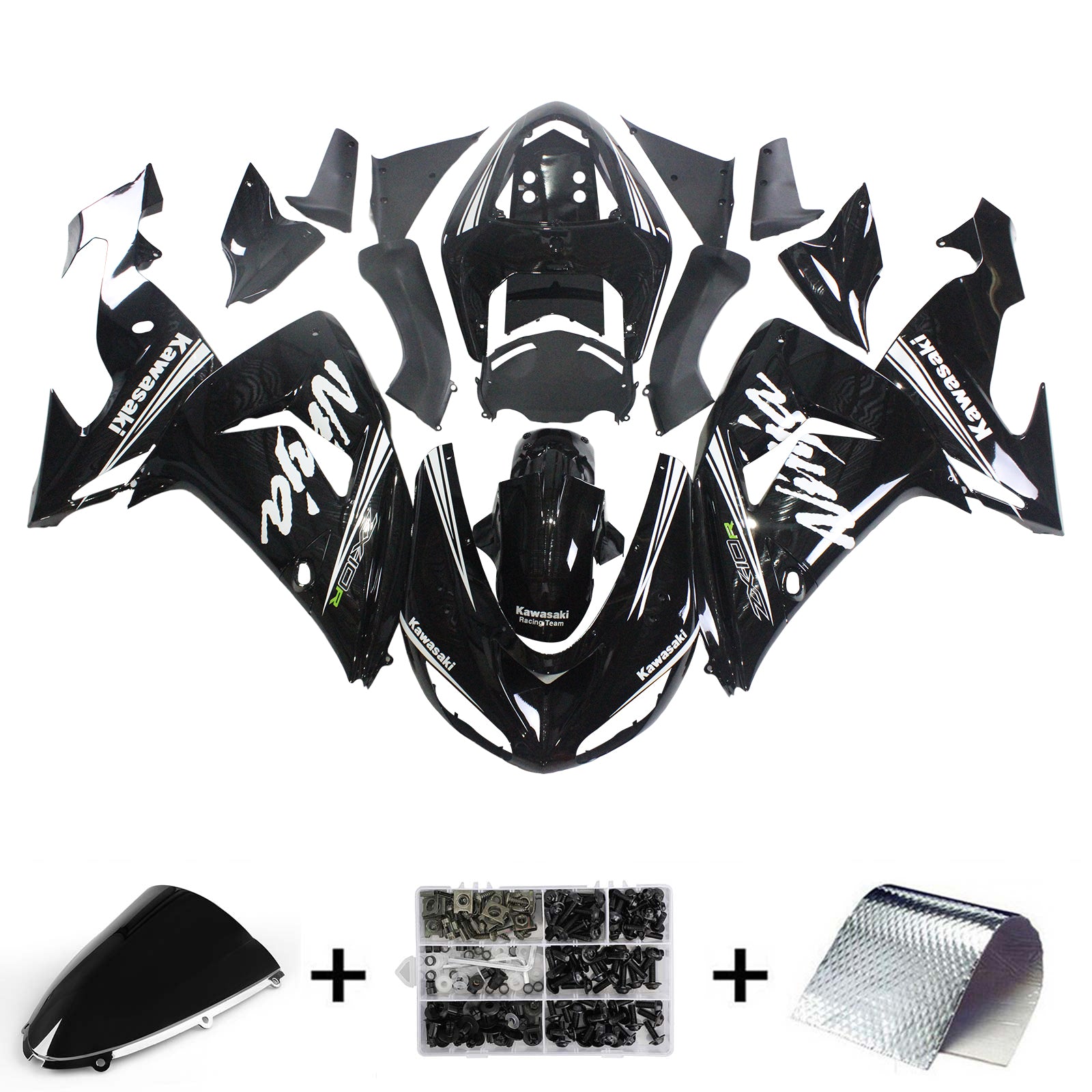 Amotopart Kawasaki ZX10R 2006-2007 Kit de carénage noir brillant avec logo Ninja