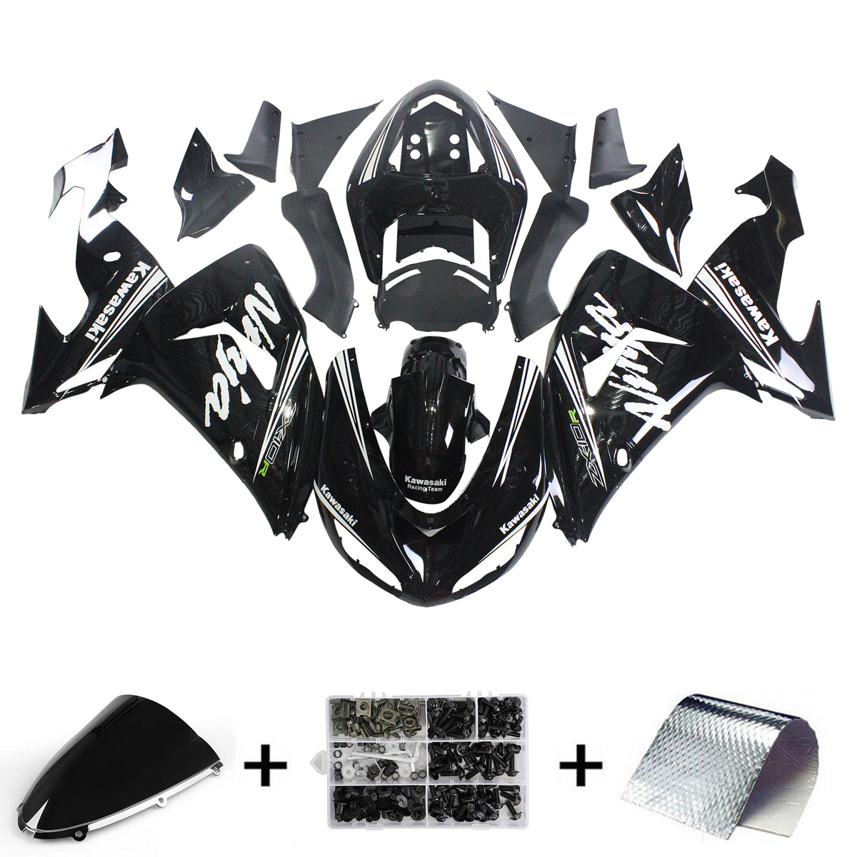 Amotopart Kawasaki ZX10R 2006-2007 Glossy Black with Ninja Logo Fairin