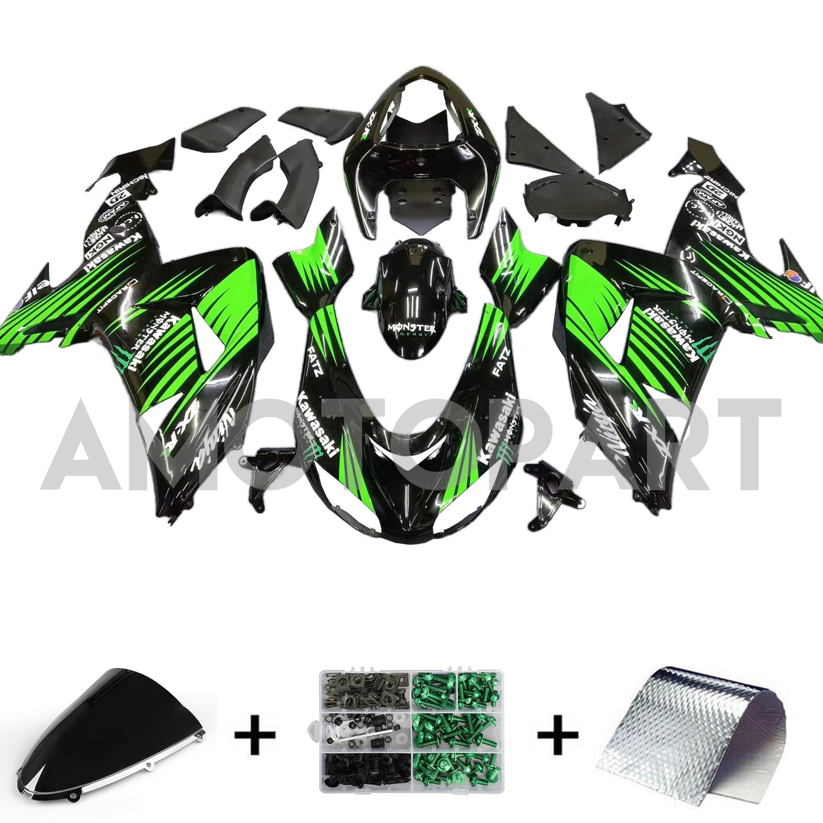 Amotopart 2006-2007 Kawasaki ZX10R グリーン&ブラック モンスターロゴ Style2 フェアリングキット