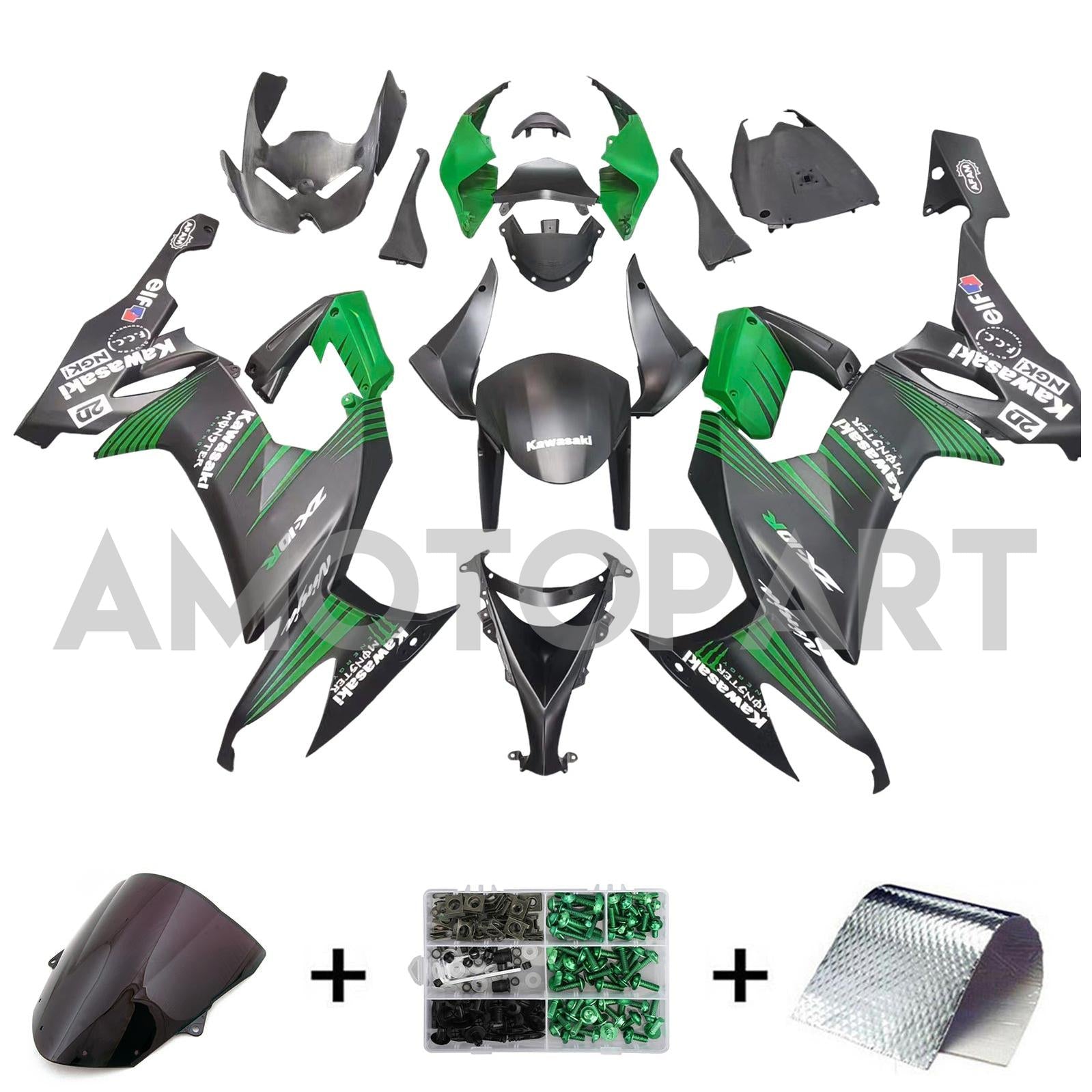 Amotopart 2008-2010 Kawasaki ZX10R Green & Black Style2 Zestaw owiewki