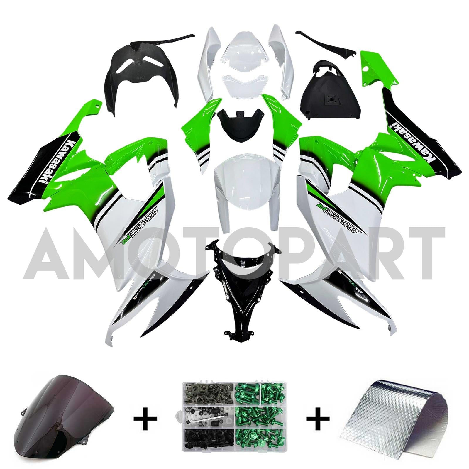 Amotopart 2008-2010 Kawasaki ZX10R Green&White Style2 Fairing Kit