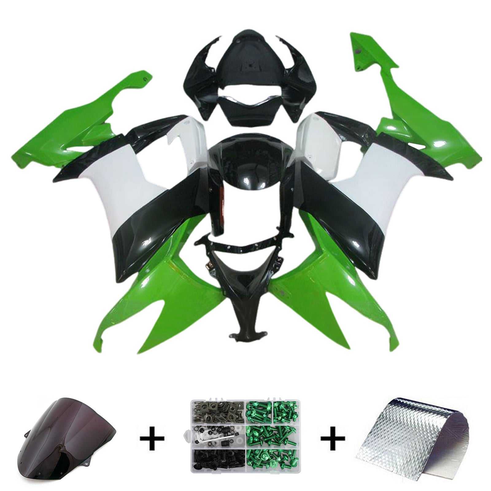 Amotopart 2008-2010 Kawasaki ZX10R Black Green White Fairing Kit