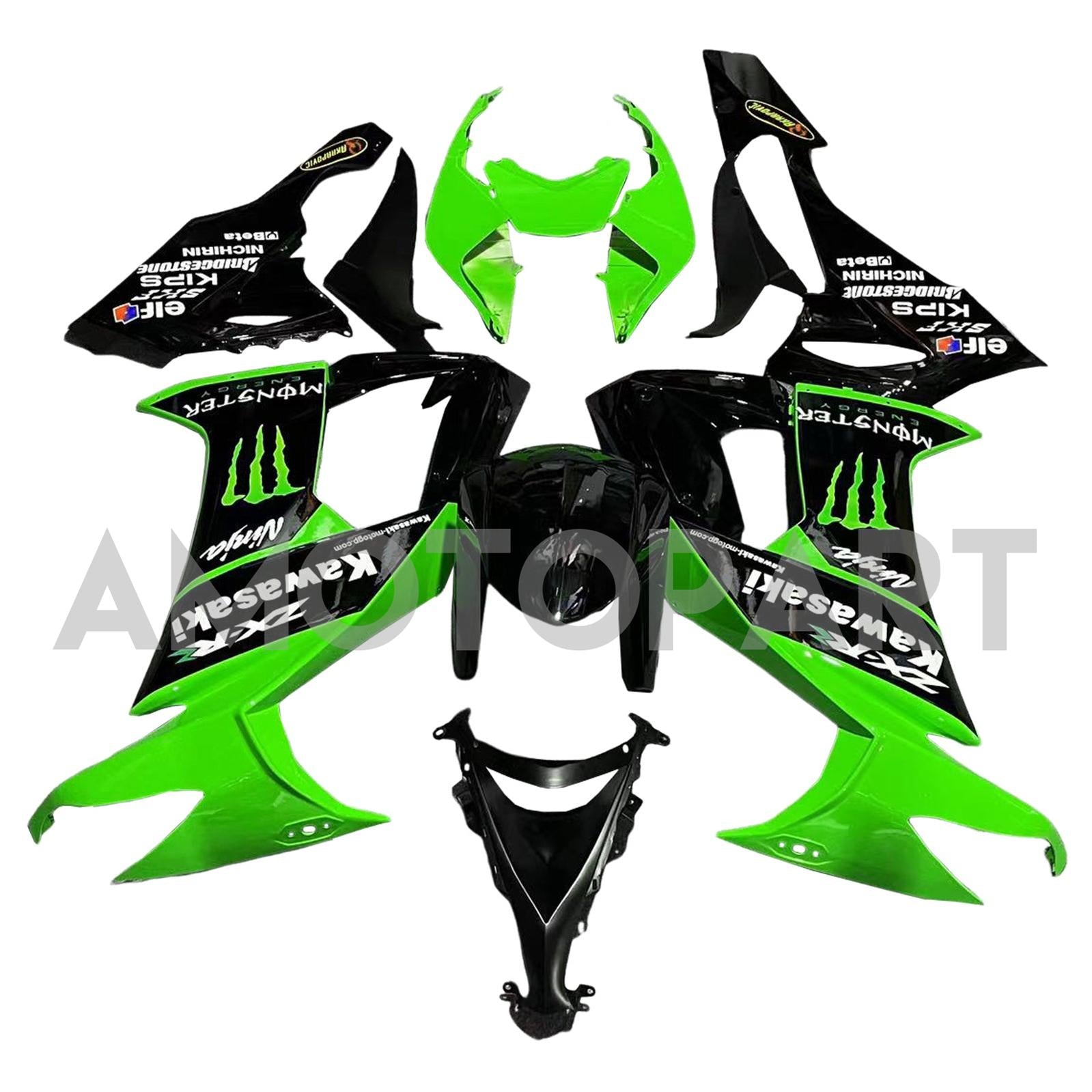 Amotopart 2008-2010 Kawasaki ZX10R Glossy Black Green & White Fairing Kit