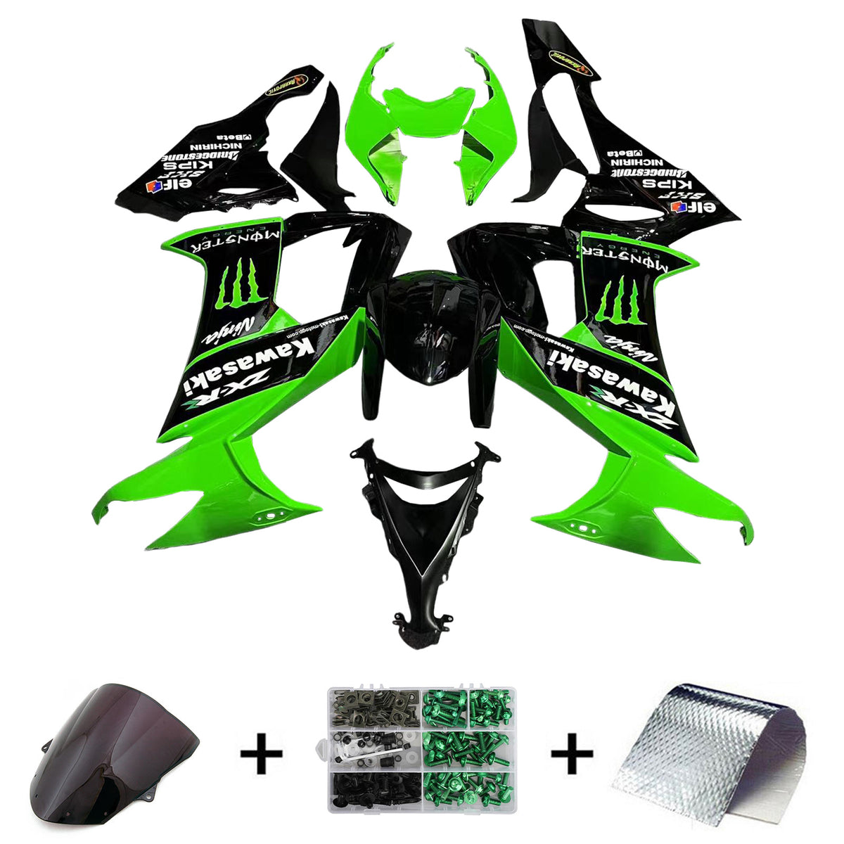 Amotopart 2008-2010 Kawasaki ZX10R Glossy Black Green & White Fairing Kit