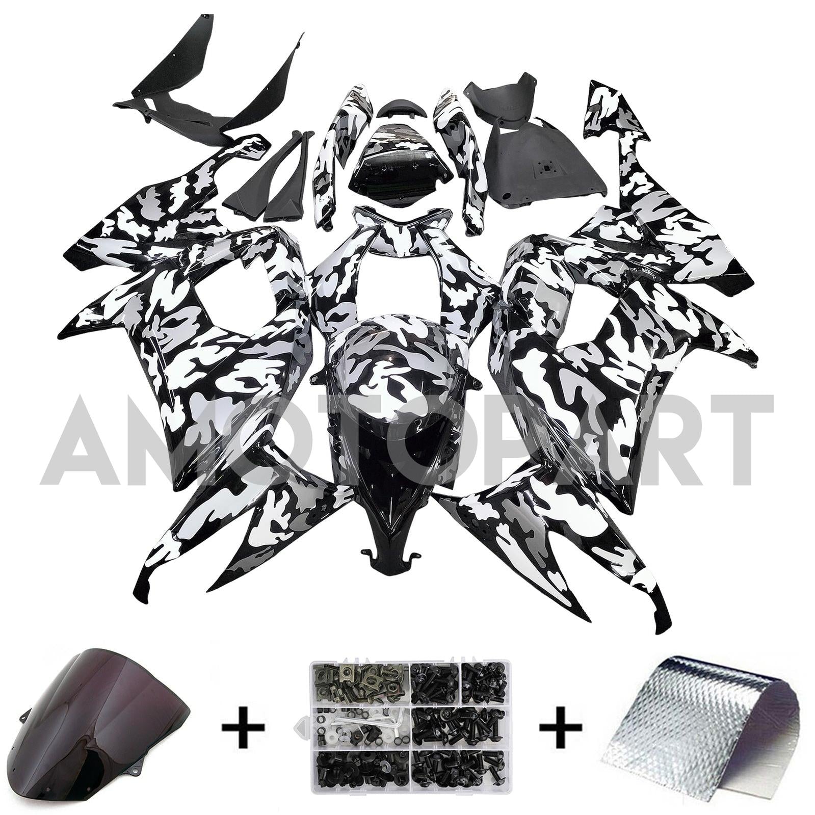 Amotopart 2008-2010 Kawasaki ZX10R White Black Camouflage Fairing Kit